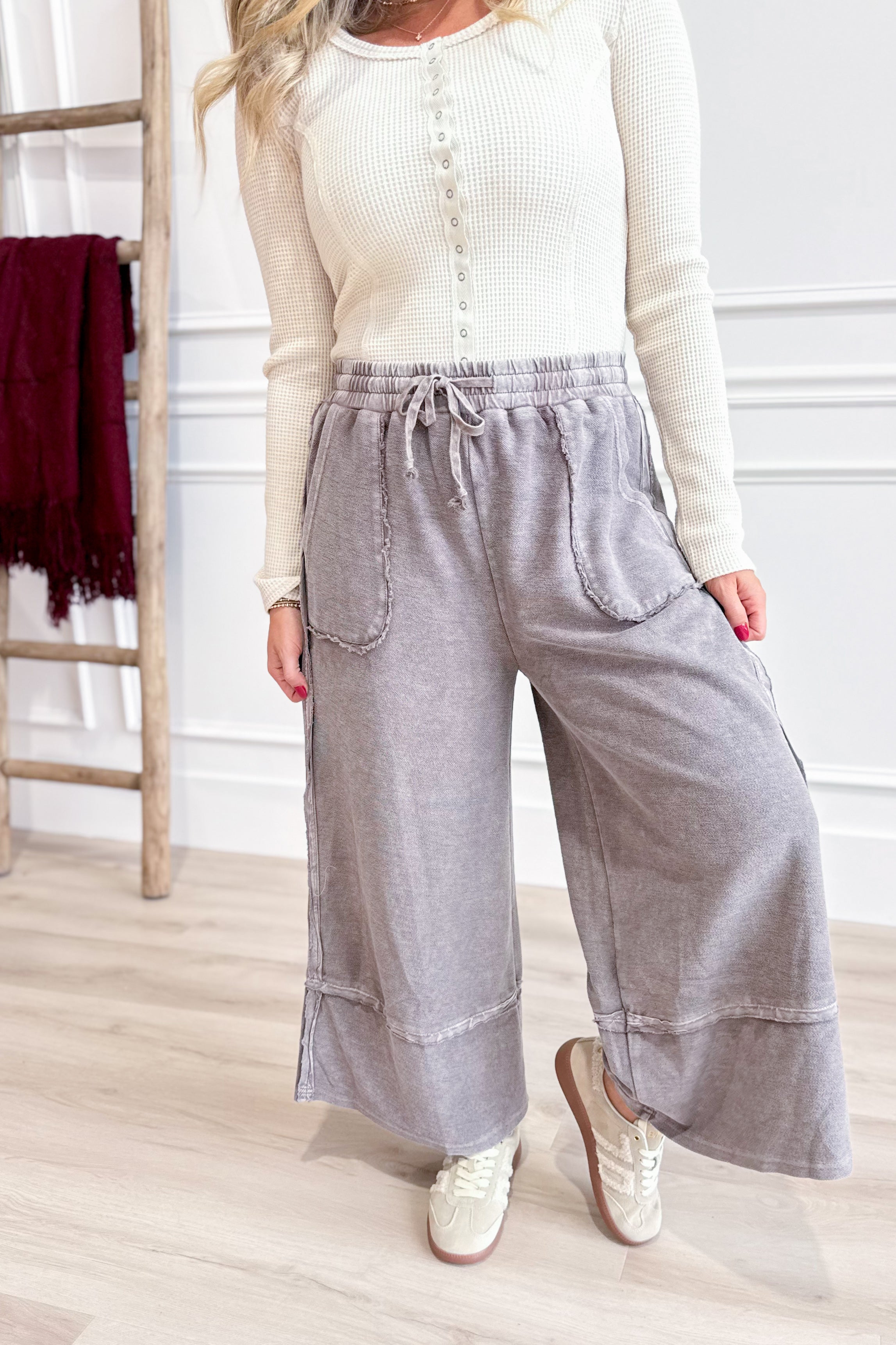 Caris Mineral Washed Upside Down Terry Knit Wide Leg Palazzo Pants - Be You Boutique