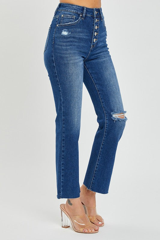 RISEN James high-rise crop straight distressed denim jeans in 146 Core style, featuring button fly and faded details.