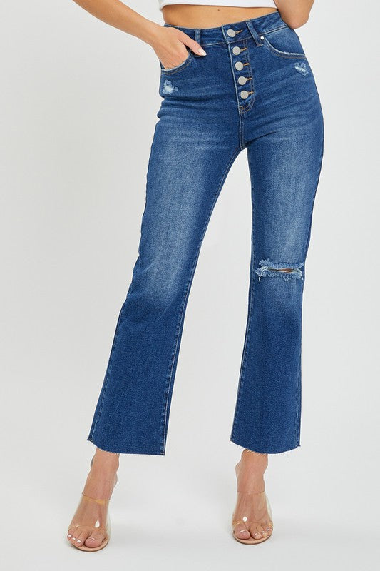 RISEN James high-rise crop straight distressed denim jeans in size 1-3XL, showing front view with button closure and distressed details.