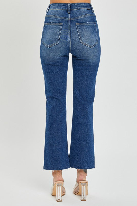 Risen James high-rise crop straight distressed denim jeans in 146 Core style with button fly and distressed details, in size 1XL to 3XL.