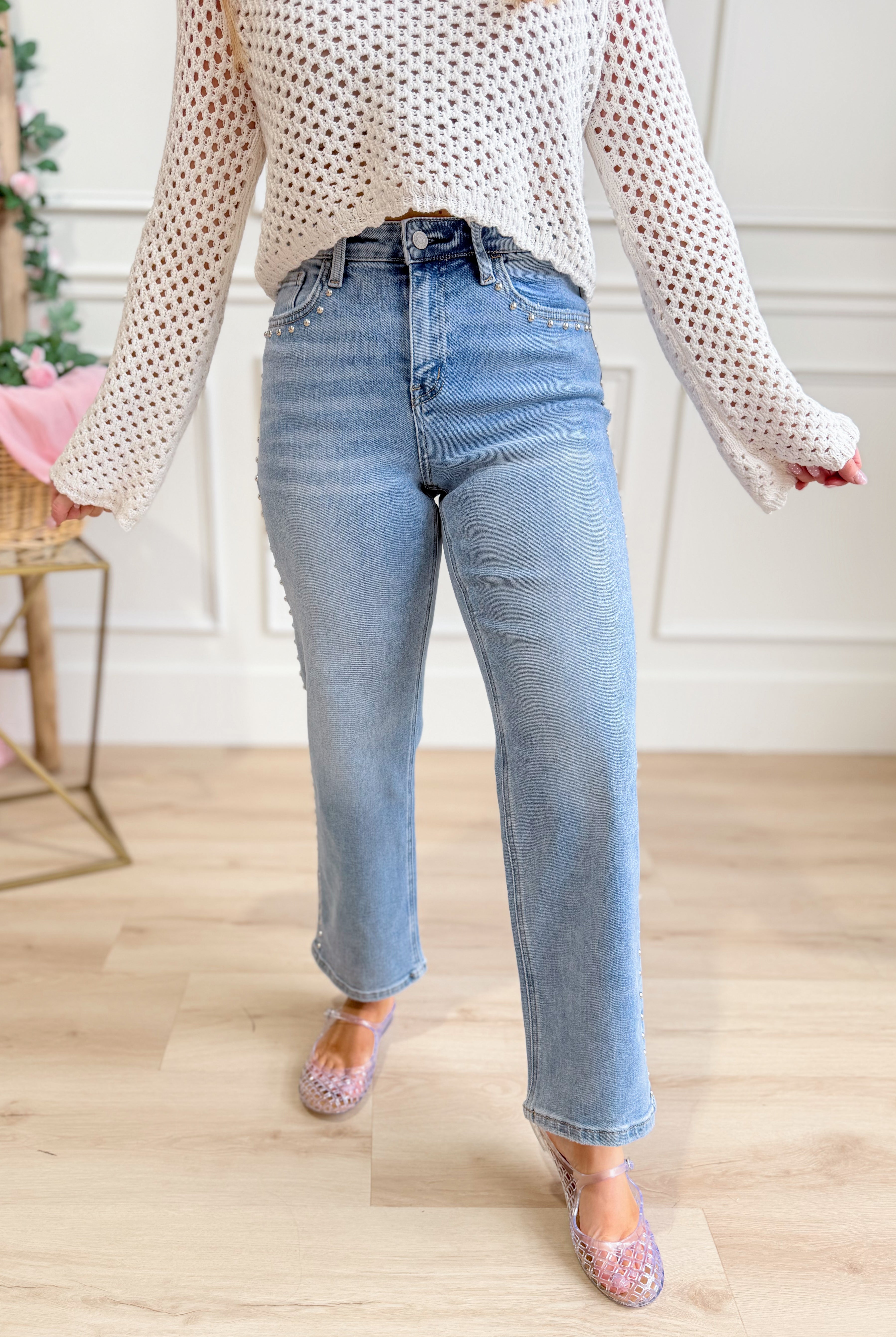 Vervet Honorable High Rise Ankle Slim Nail Head Jean from 146 Core Jeans, showcasing dark wash denim with nail head accents and slim fit.