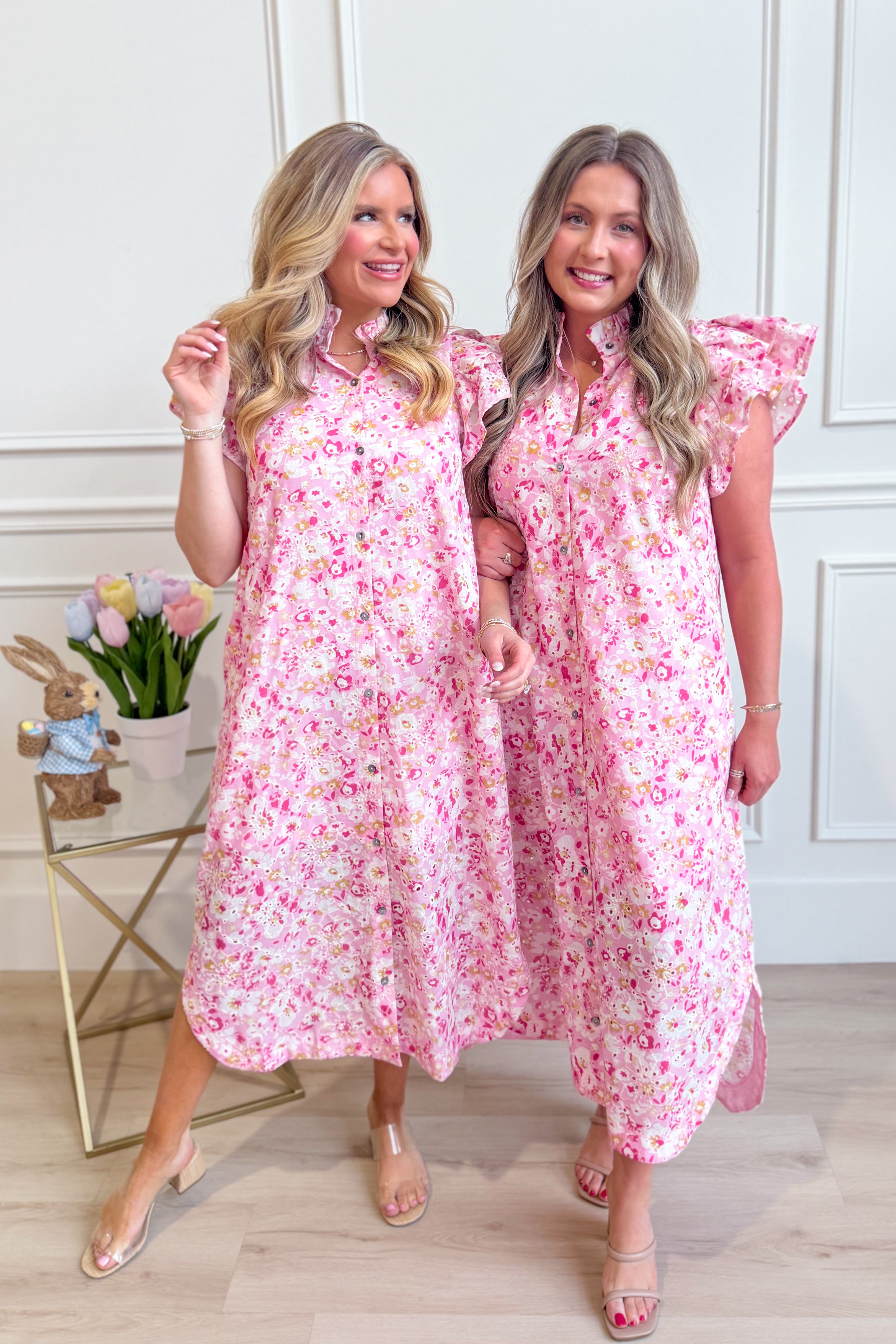 ENTRO Aubrey pink floral flutter sleeve dress, elegant 125 dressy dress with a feminine floral pattern and flowy flutter sleeves.