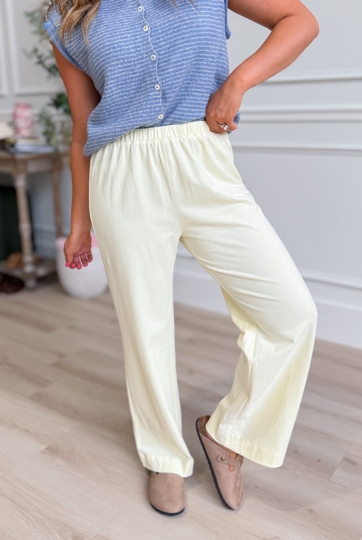 WISHLIST Kailee Butter Basic Soft Knit Pant in light neutral color, showcasing comfortable, relaxed fit knit pants for casual wear.
