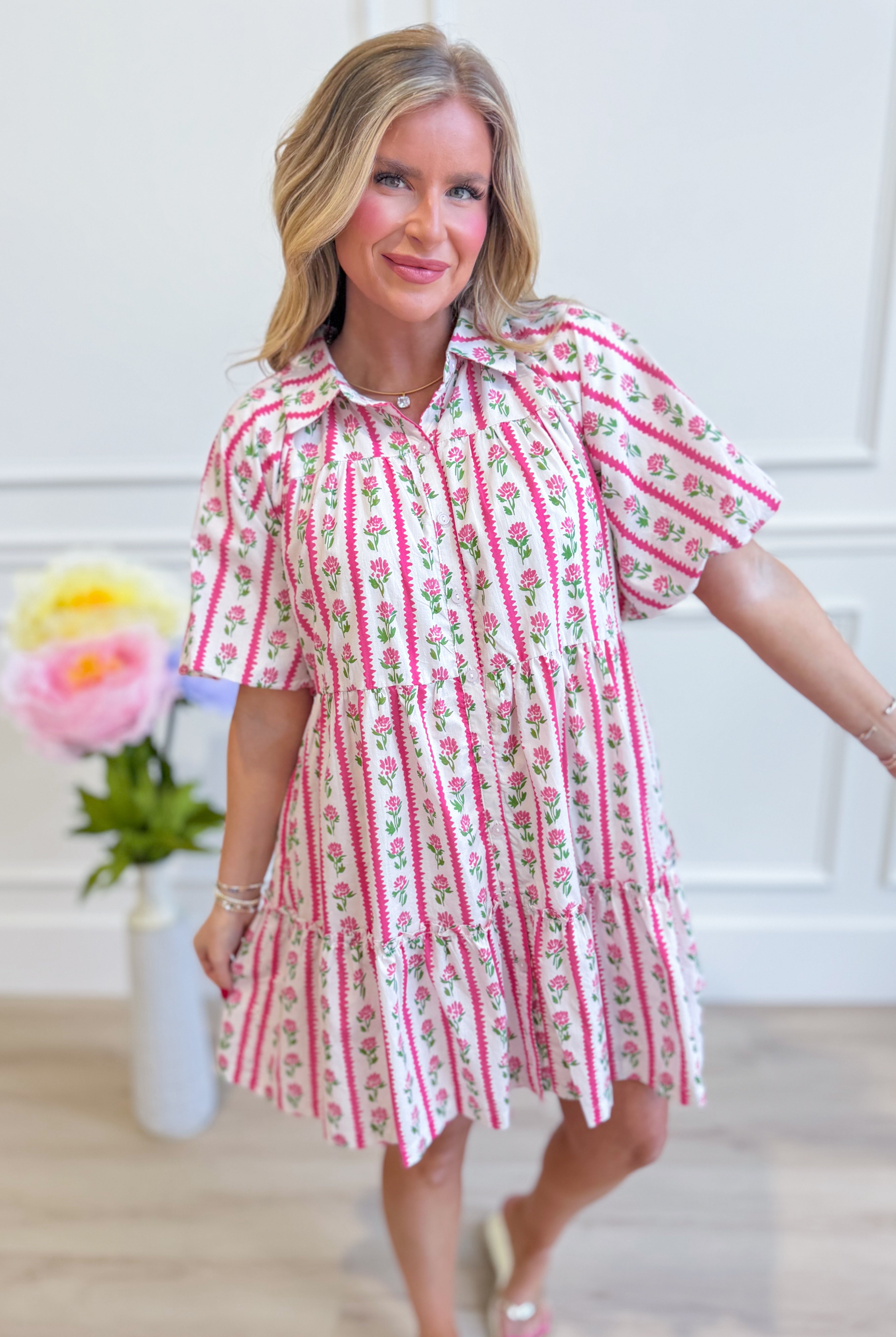 Mia floral stripe print dress from MITTOSHOP, 125 dressy dress with a fitted waist, short sleeves, and vibrant floral and stripe pattern.