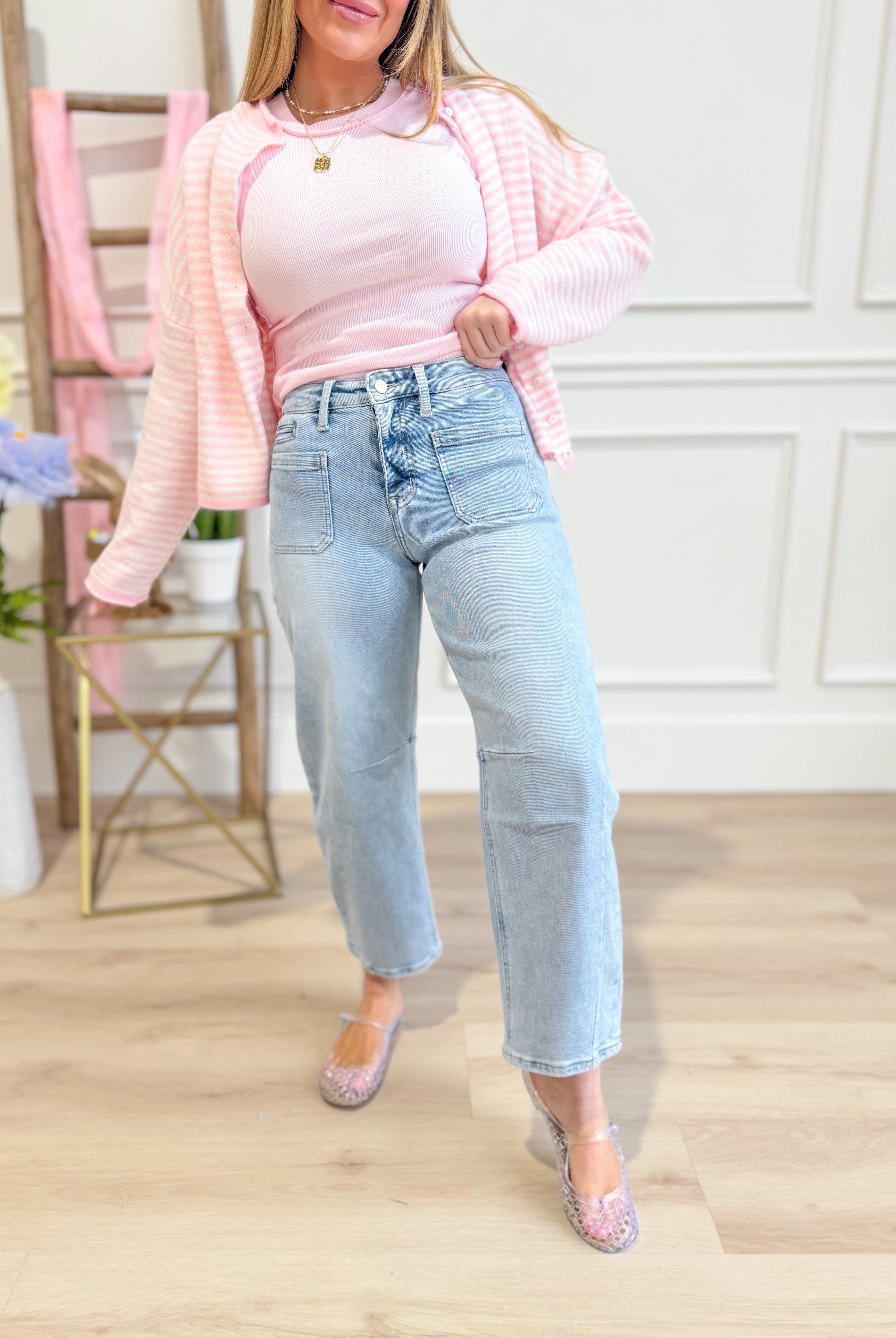 Vervet Kate Super High Rise Barrel Jean in 146 Core Jeans style, showcasing the classic high waist and relaxed fit denim.