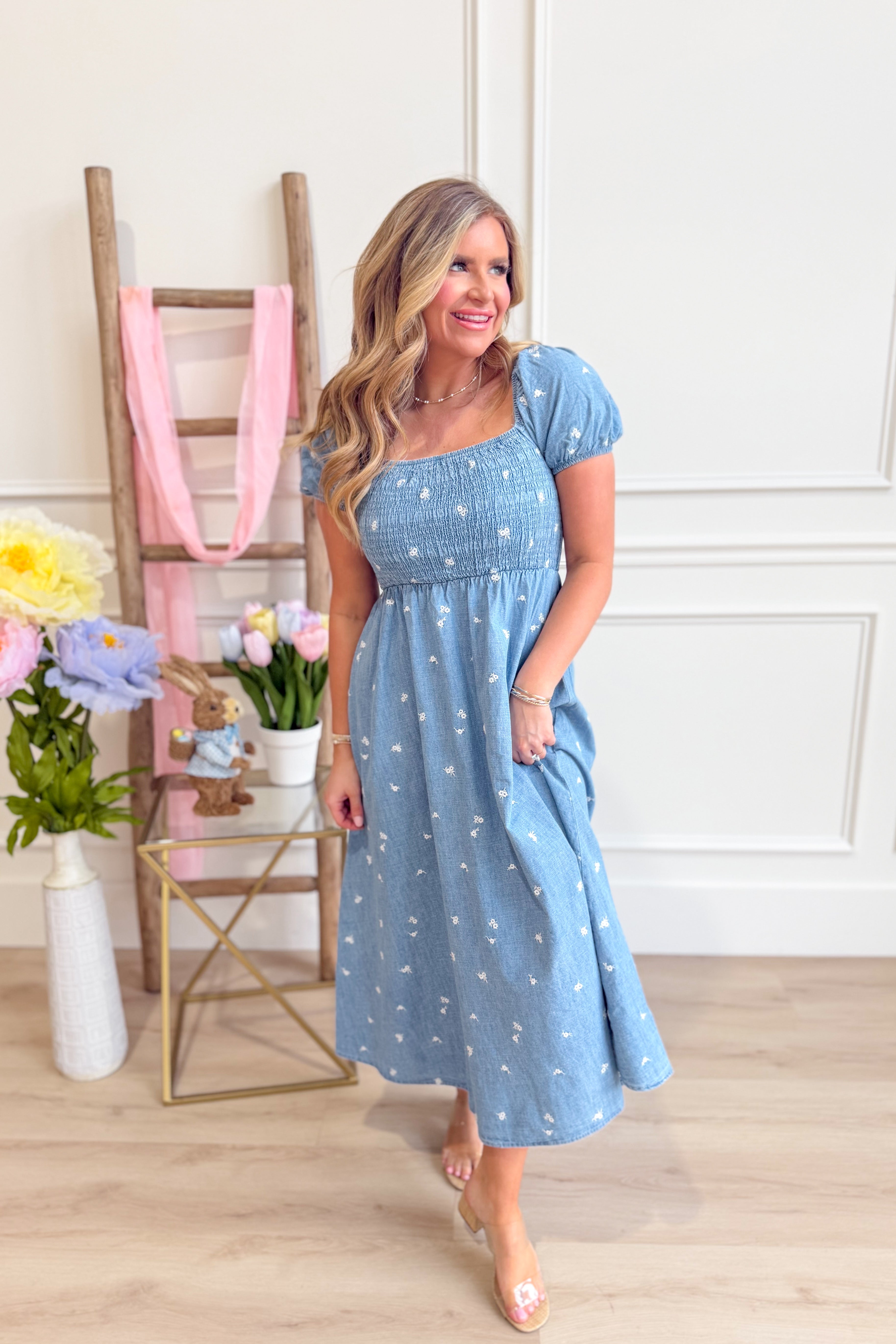 Kendra Chambray Embroidered Smocked Midi Dress - Be You Boutique