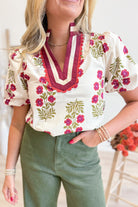 Hadley Floral Printed Solid Trim Top - Be You Boutique
