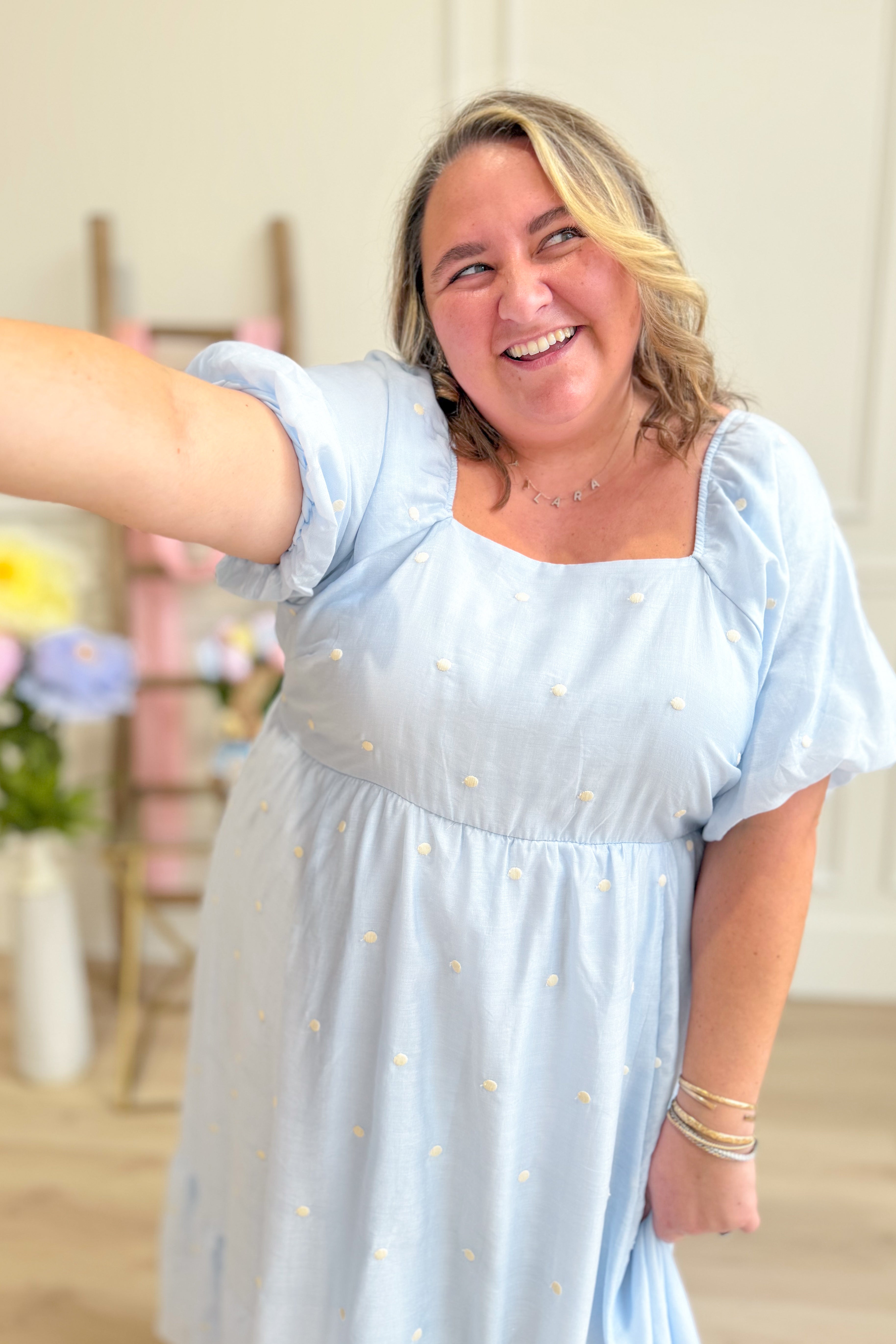 Pamela Blue Embroidered Dotted Dress - Be You Boutique