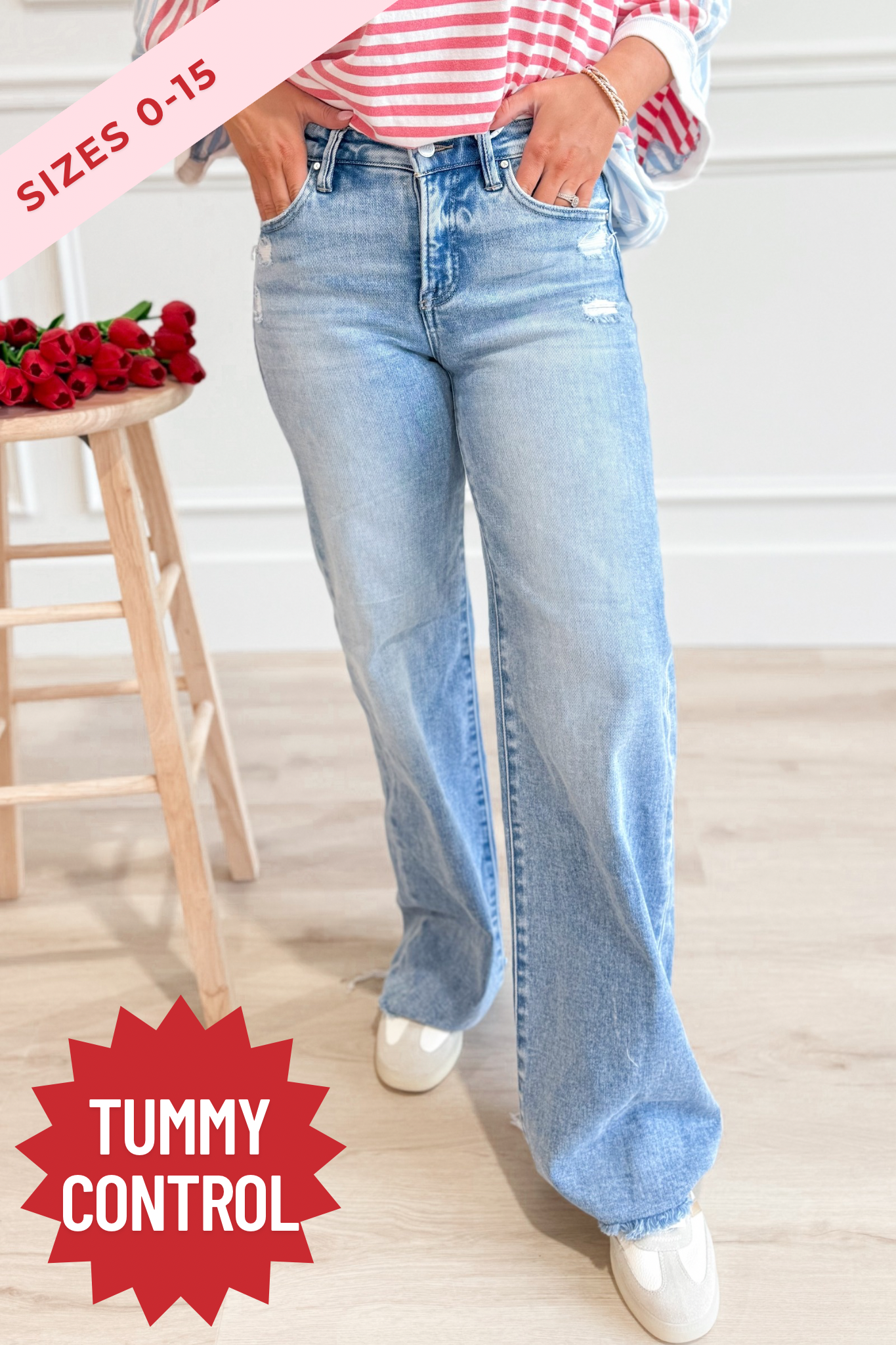 Risen Derrick Mid Rise Tummy Control Wide Leg Jean - Be You Boutique