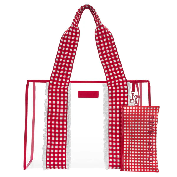 Casemate Jelly Tote in cherry eyelet gingham, clear plastic accessory bag with handles, showcasing its vibrant pattern and compact design.