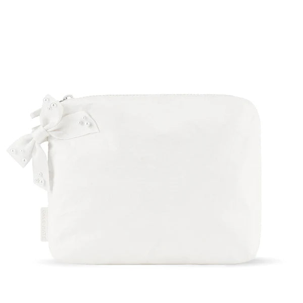 Ivory Pearl Case Mate Essential Zip Pouch for accessories, featuring a bow design and compact zip closure.