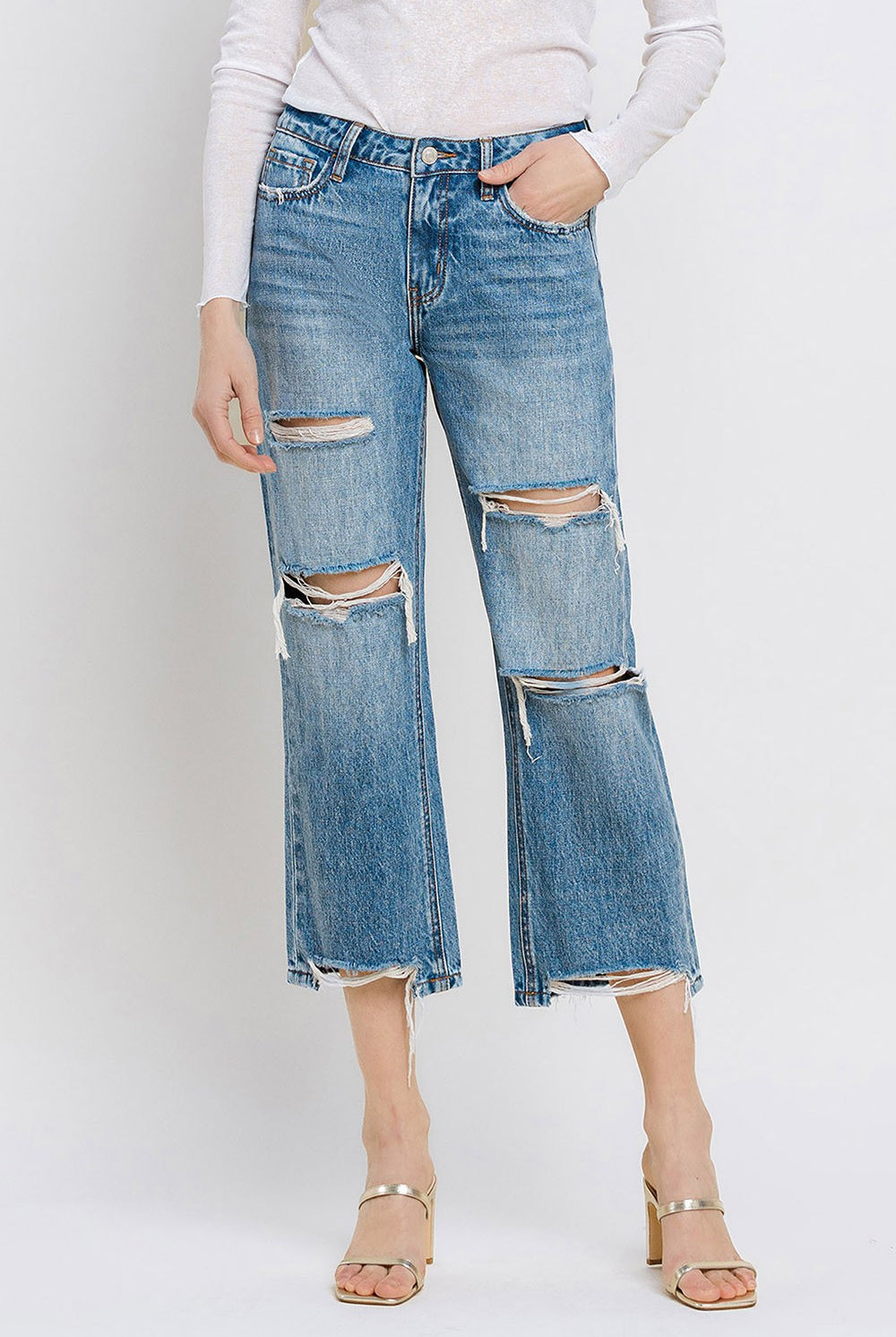 Vervet Frannie high-rise relaxed straight jeans in light denim, showing the fit and classic five-pocket design.