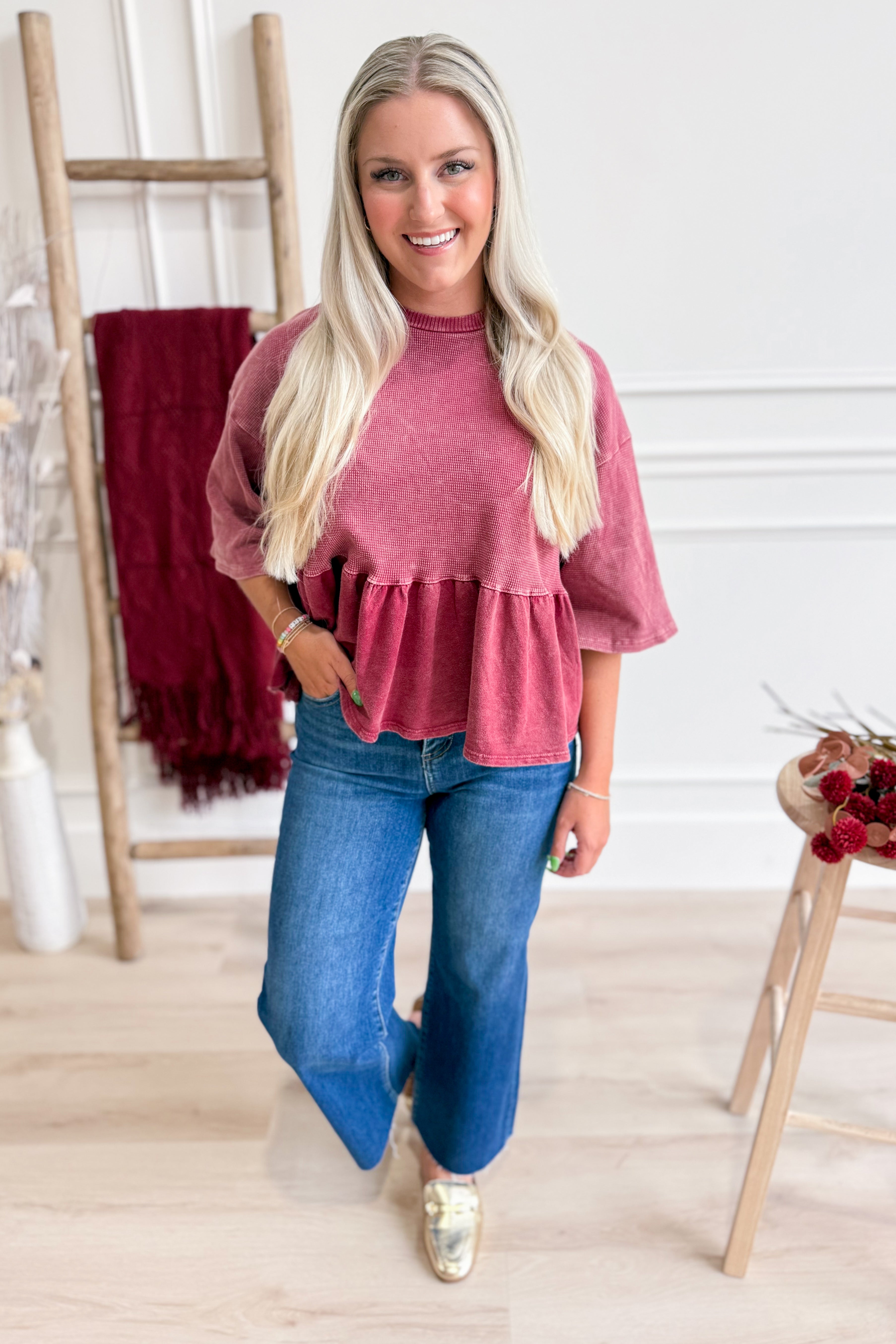Mia Half Sleeve Mineral Washed Peplum Top - Be You Boutique