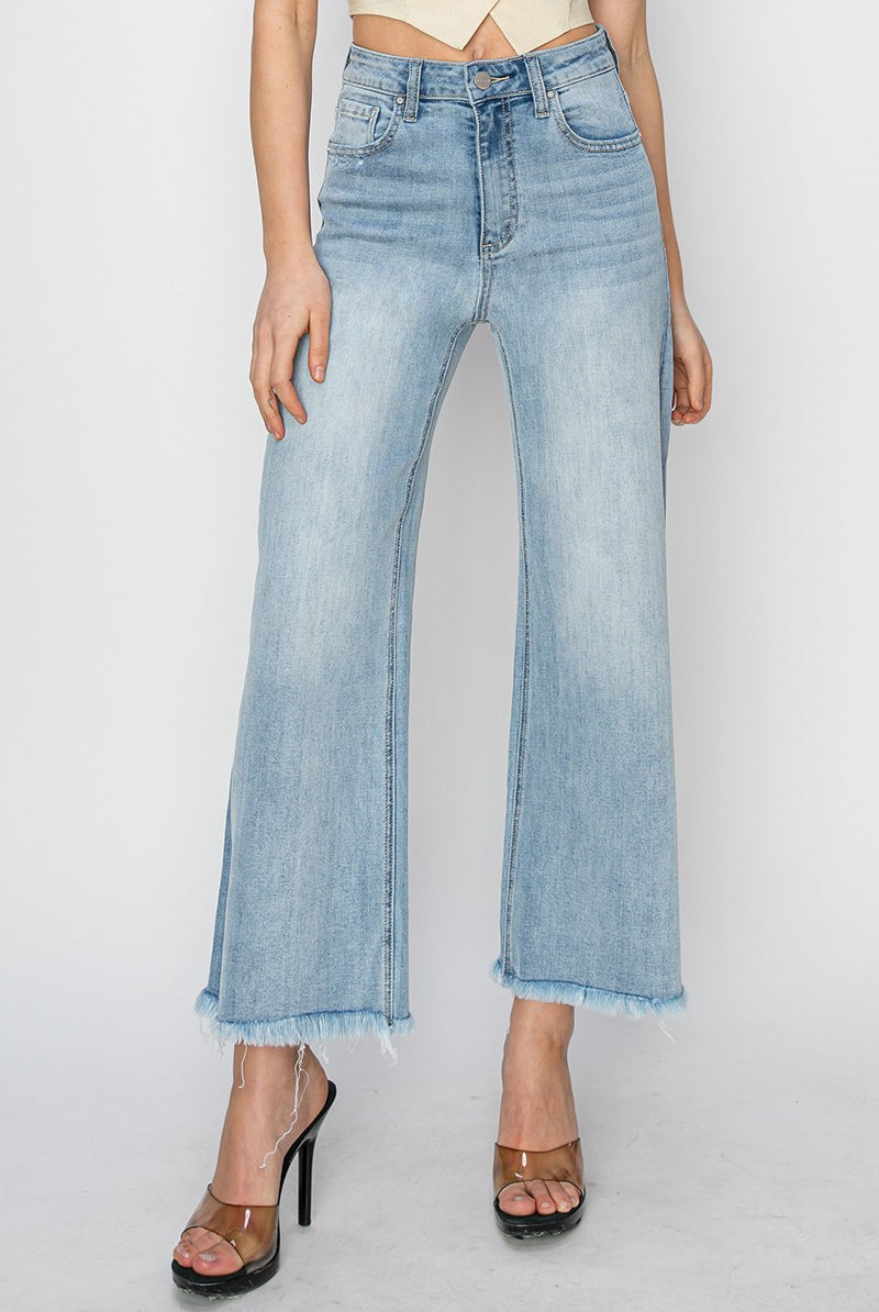 Risen Conroy High Rise Wide Leg Crop Fray Hem Denim Jeans - Be You Boutique