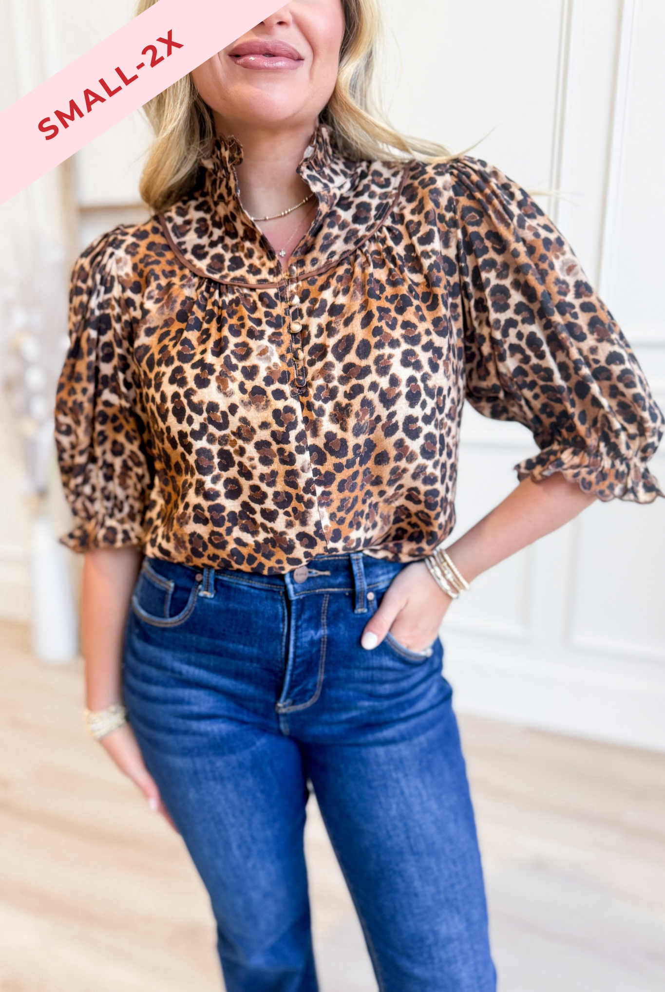 Miranda Leopard Ruffle Mock Neck Blouse - Be You Boutique
