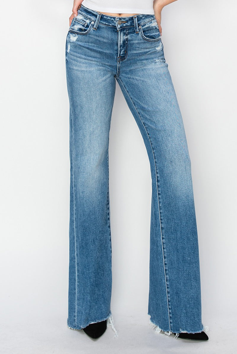 Risen Derrick Mid Rise Tummy Control Wide Leg Jeans in blue denim, showcasing the fit and design of the 146 Core Jeans by RISEN.