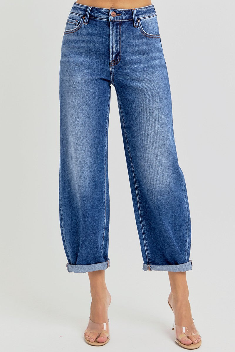 RISEN Cody mid-rise barrel jeans in 146 core style, shown in a natural denim wash with classic five-pocket design.