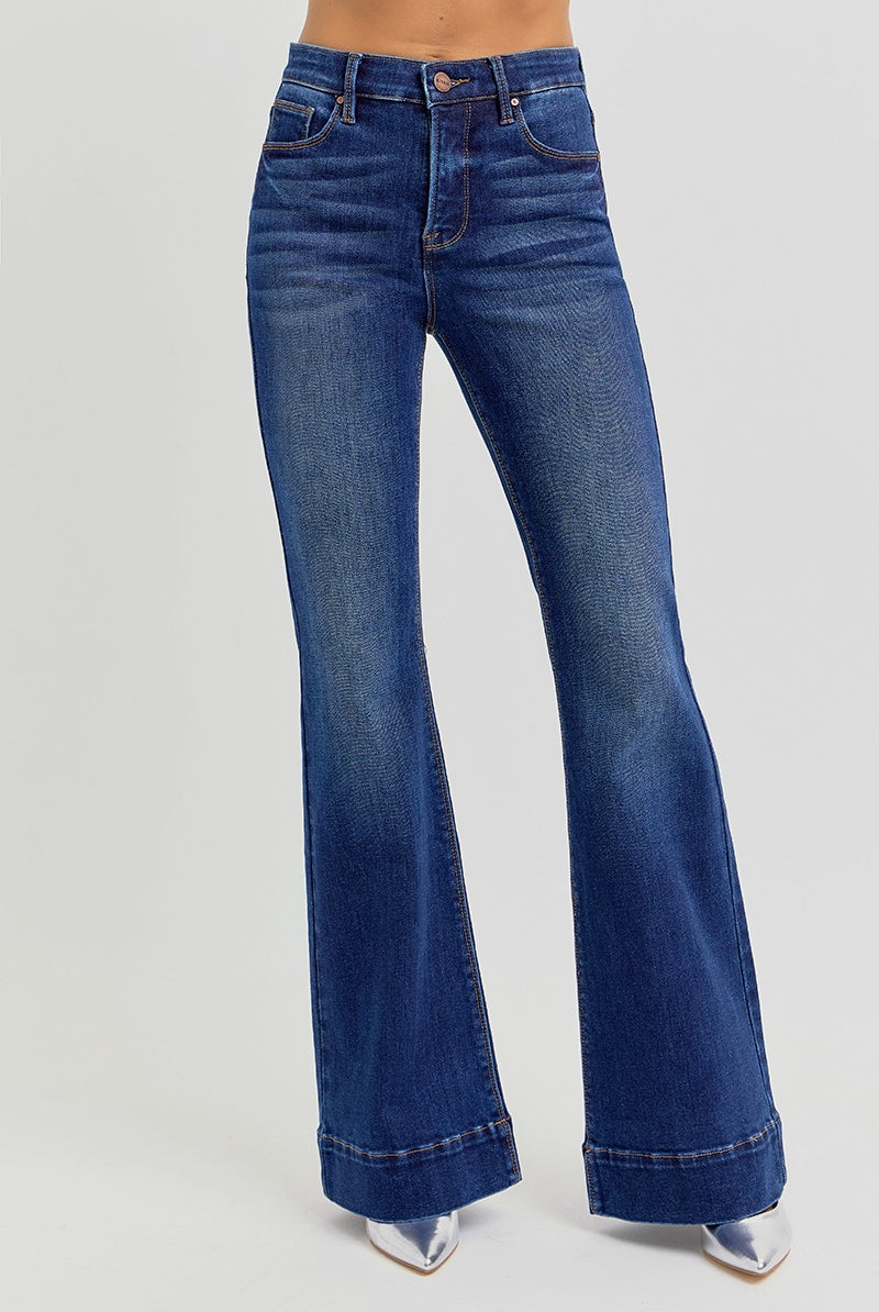 Risen Linus high-rise tummy control flare jeans in dark denim with fitted waist and flared legs, front and back views.