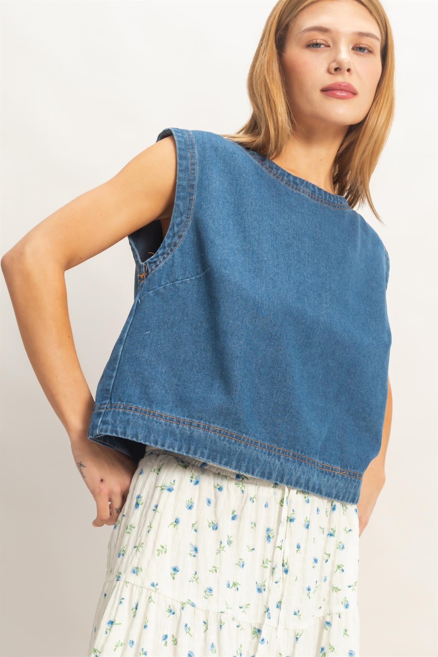 HYFVE Savvy Denim Sleeveless Top from 116 Basic Tops collection, featuring a stylish sleeveless denim design.