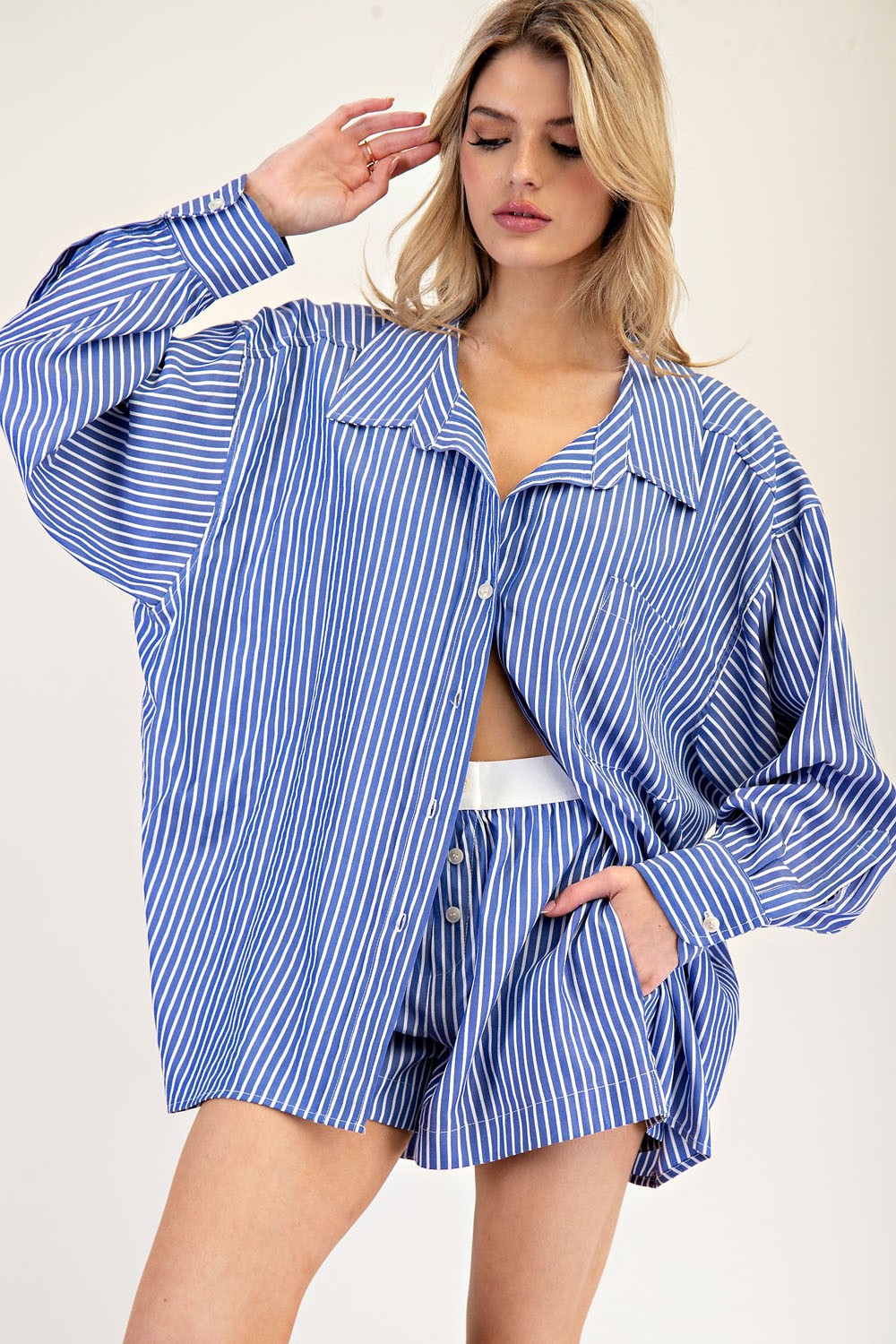 Holly Pinstripe Short Set - Ocean Blue - Be You Boutique