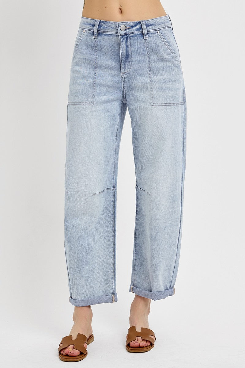 Risen Zach Mid Rise Barrel Jeans in 146 Core style, shown in dark wash with relaxed fit and classic five-pocket design.