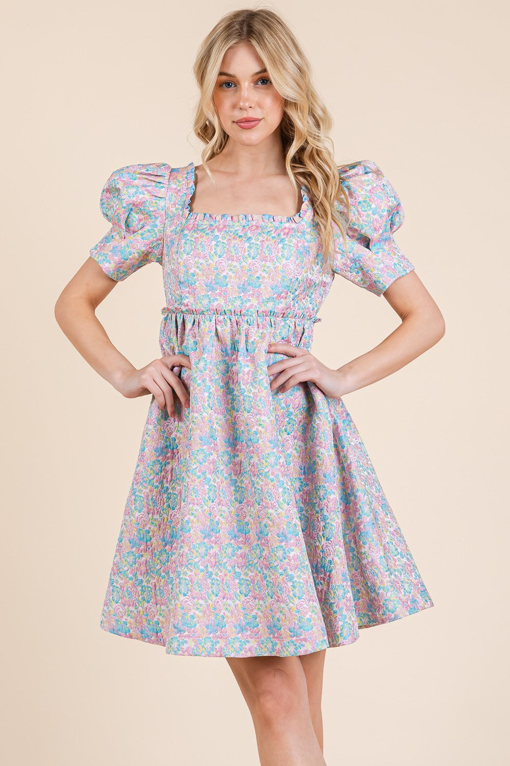 Sadie Floral Bubble Sleeve Scalloped Trim Dress - Be You Boutique