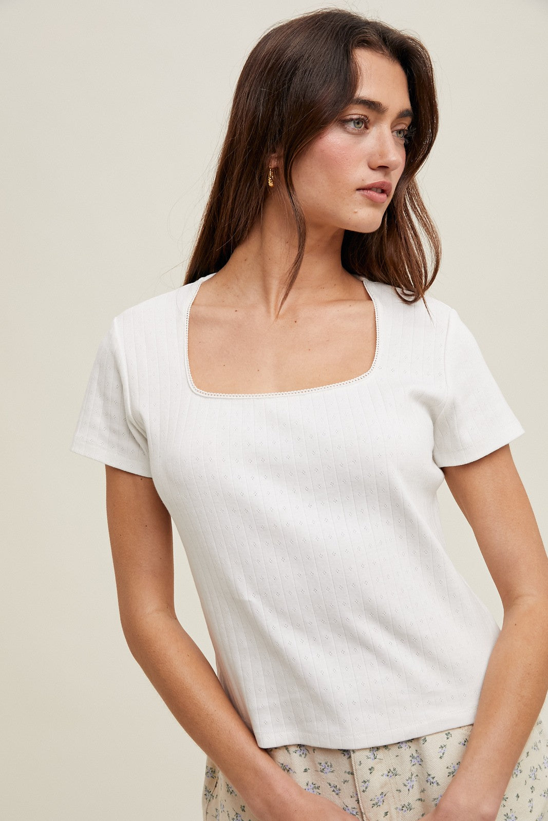 Wishlist Cindy Pointelle Knit Top, a lightweight casual knit top with a delicate pattern, shown in a neutral color.