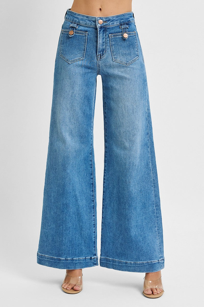 Risen Jared wide-leg jeans in mid-rise with patch pockets, shown in denim fabric, style 146 Core Jeans, size 0-3X.