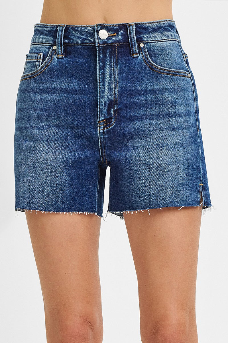 Risen Brady HR Raw Cut Side Slit Denim Shorts in 151 denim, displayed with distressed details and raw hem, available in sizes S to 3XL.