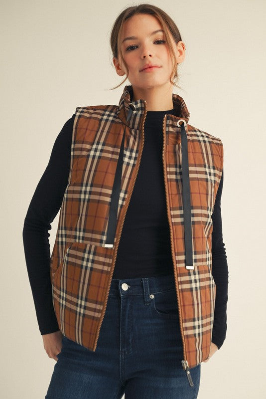 Holly Plaid Front Zip Up Vest - Be You Boutique