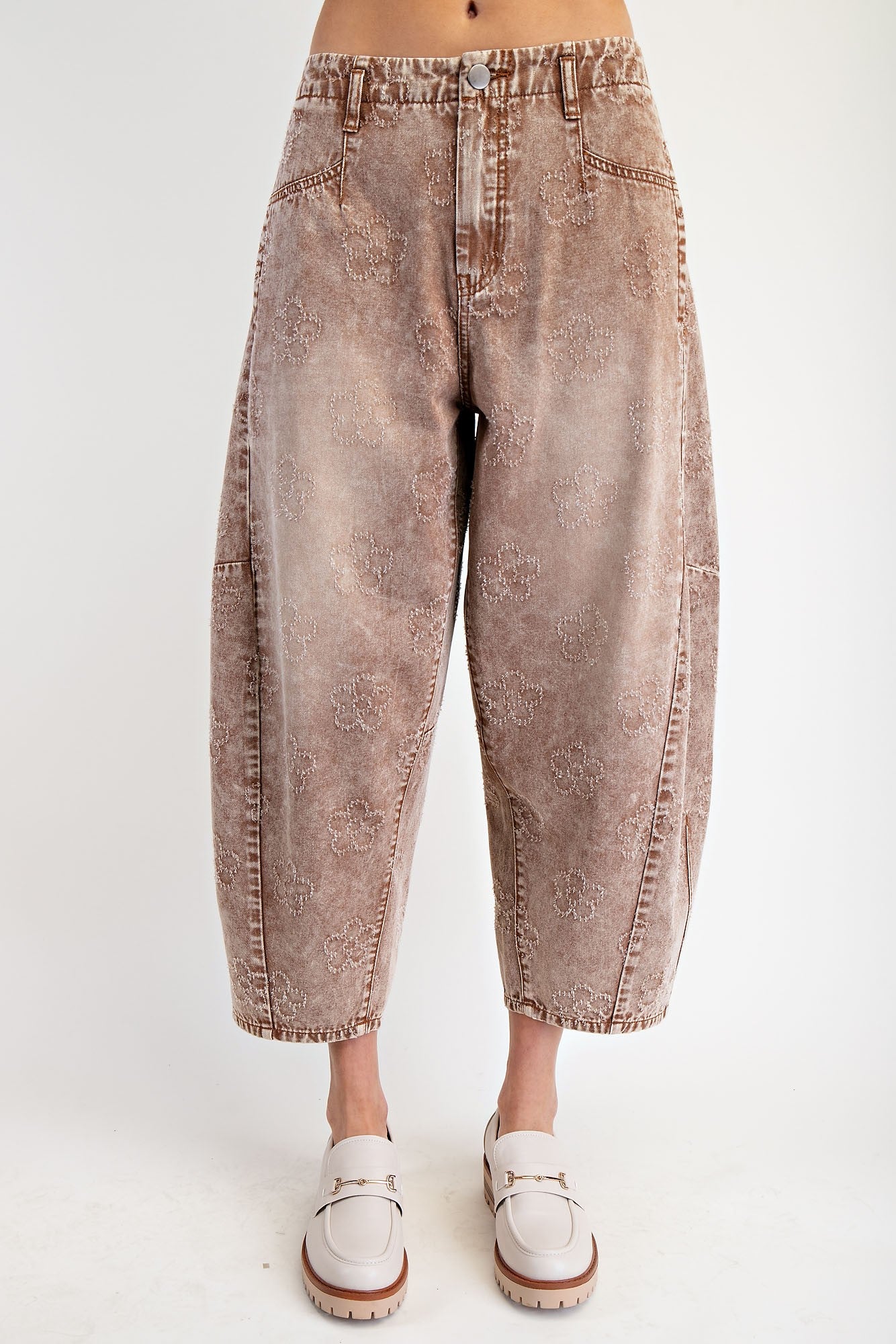 Elle Mineral Wash Flower Embroidered Barrel Jean - Be You Boutique