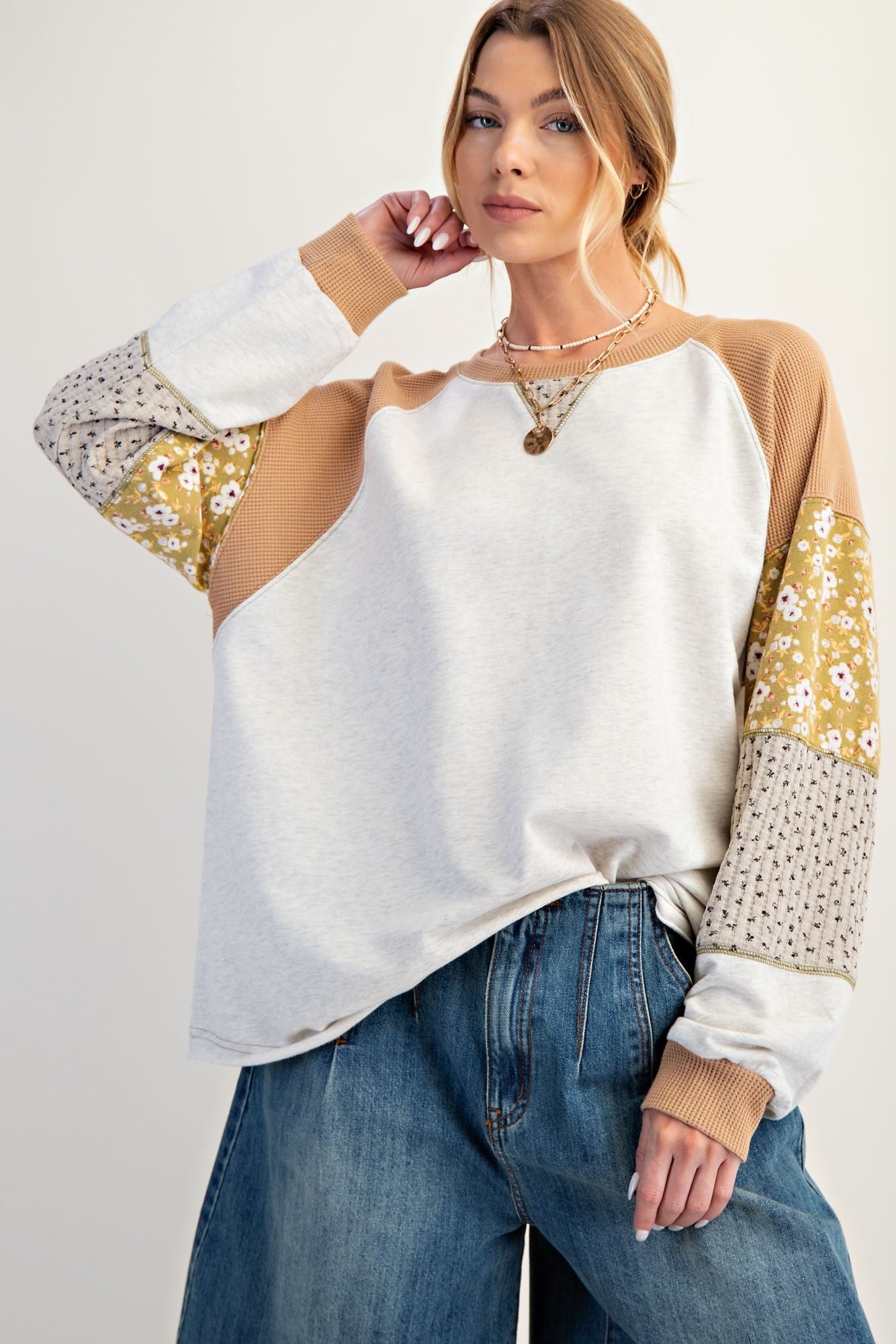 Emily Multi Patchwork Sleeve Pullover Top - Be You Boutique
