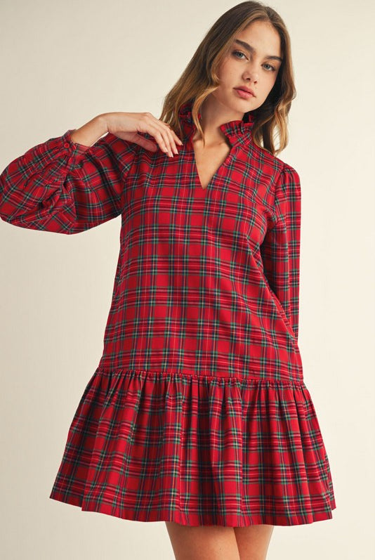 Christina Ruffled High Neck Plaid Dress - Be You Boutique