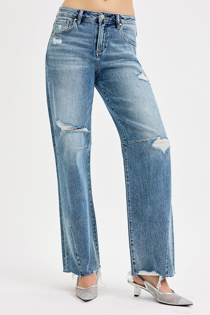 Risen Carter mid-rise baggy wide-leg jeans in dark wash, showing relaxed fit and casual style, size 0-3X.