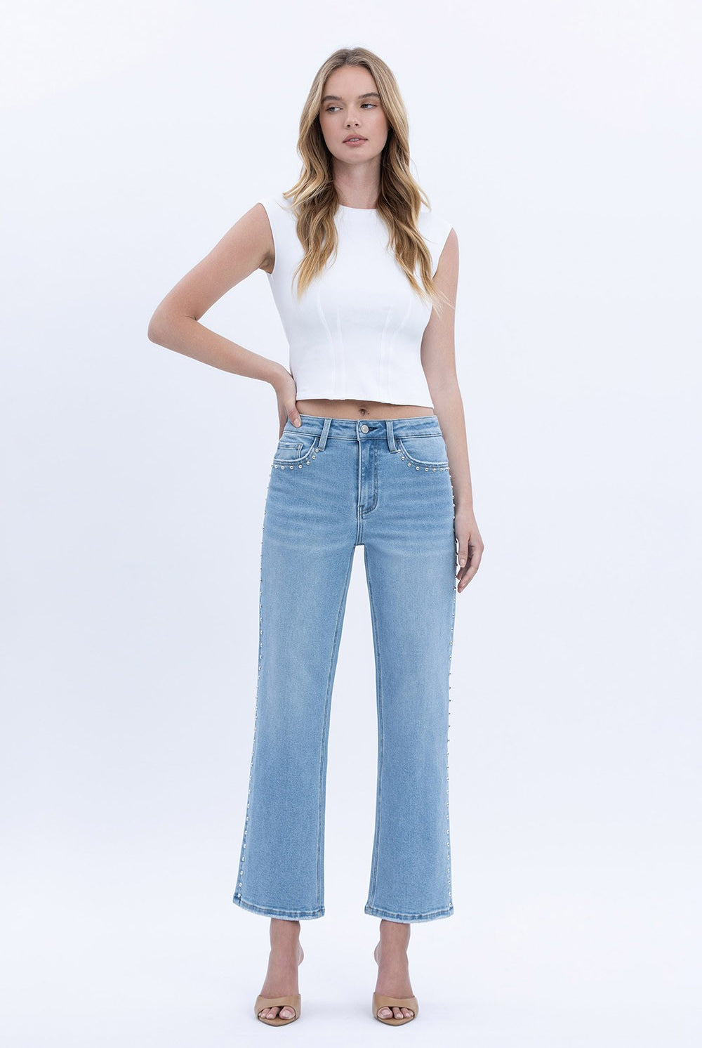 Vervet Honorable high-rise ankle slim jeans with nail head detailing from VERVET's 146 Core Jeans collection.