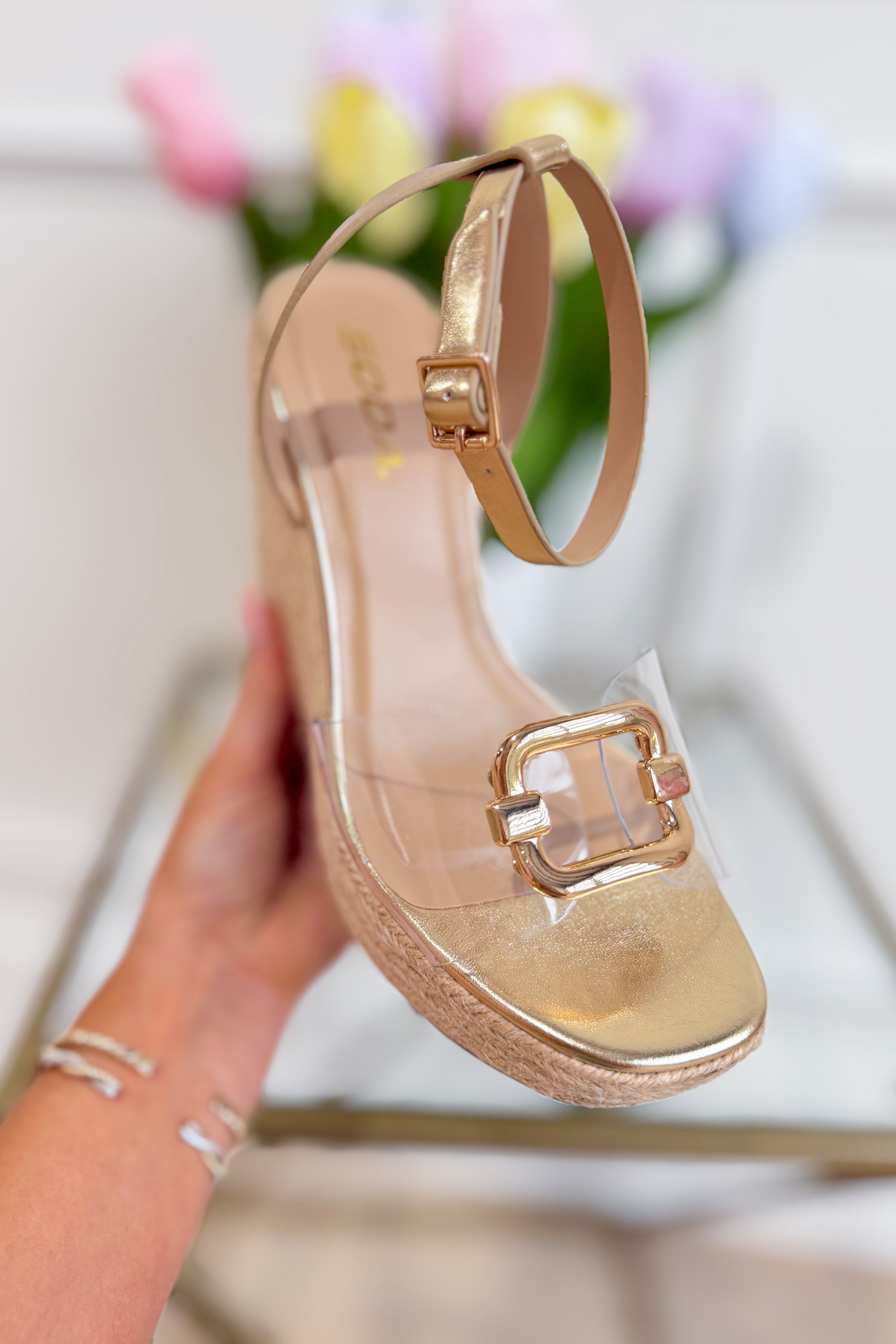 Soda Notices clear wedge heel shoes with transparent upper and chunky heel, stylish and versatile for casual or dressy outfits.