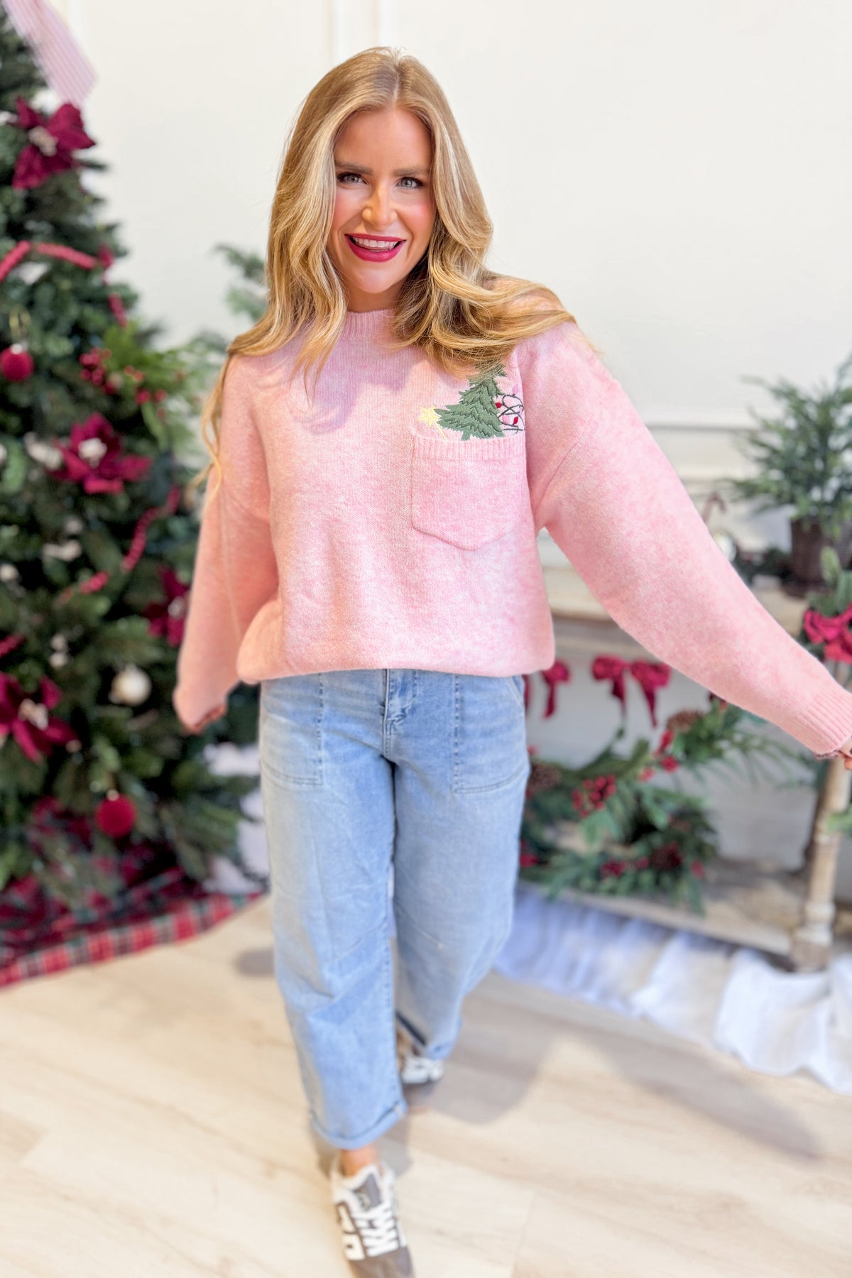 LE LIS Glenda embroidered pocket detail fall sweater-front view