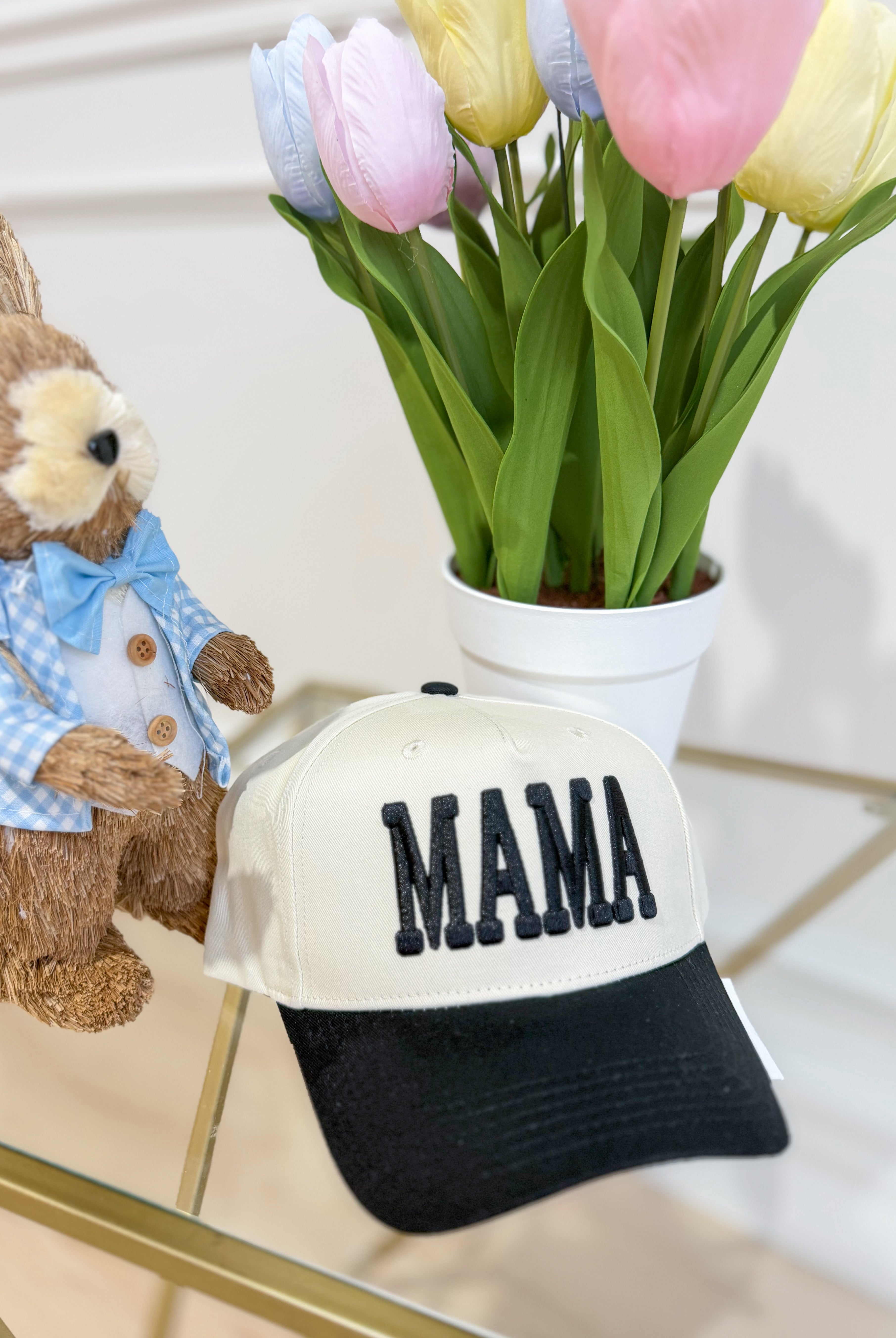 ETTA & EAST Mama Cream and Black Puff Trucker Hat, 217 Hair Accessories with stylish puff design and adjustable fit.