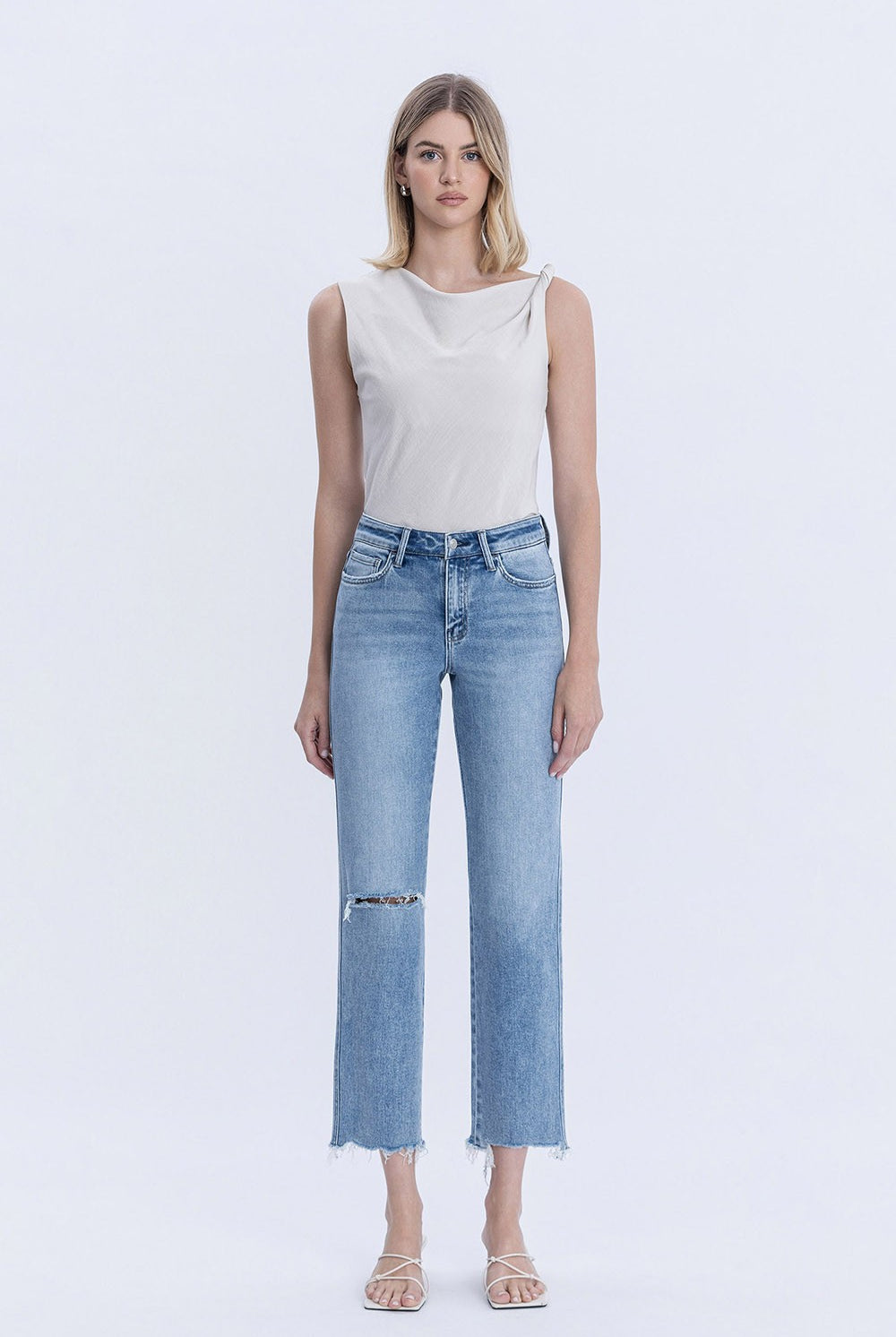 Vervet Oliver high rise straight leg jean from 146 Core Jeans collection, in denim with classic five-pocket design.