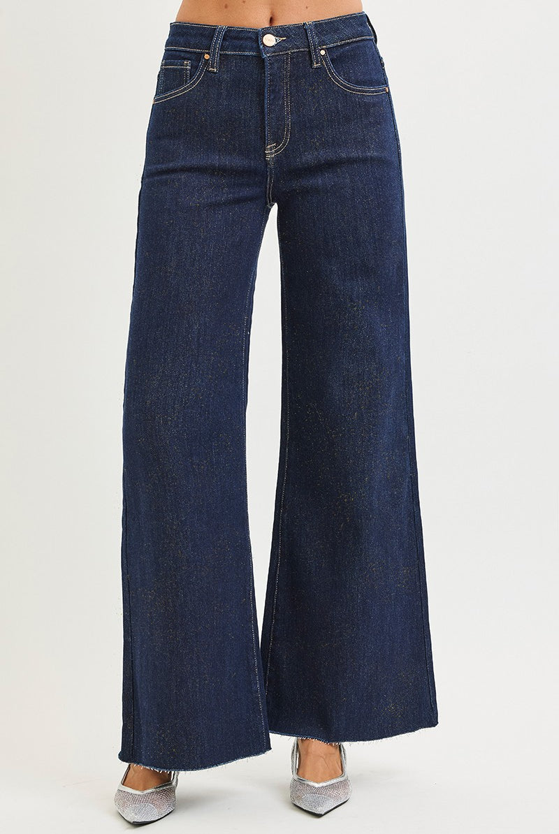 RISEN Manny high-rise tummy control gold palazzo pants from 146 Core Jeans collection, shown in a stylish gold fabric.
