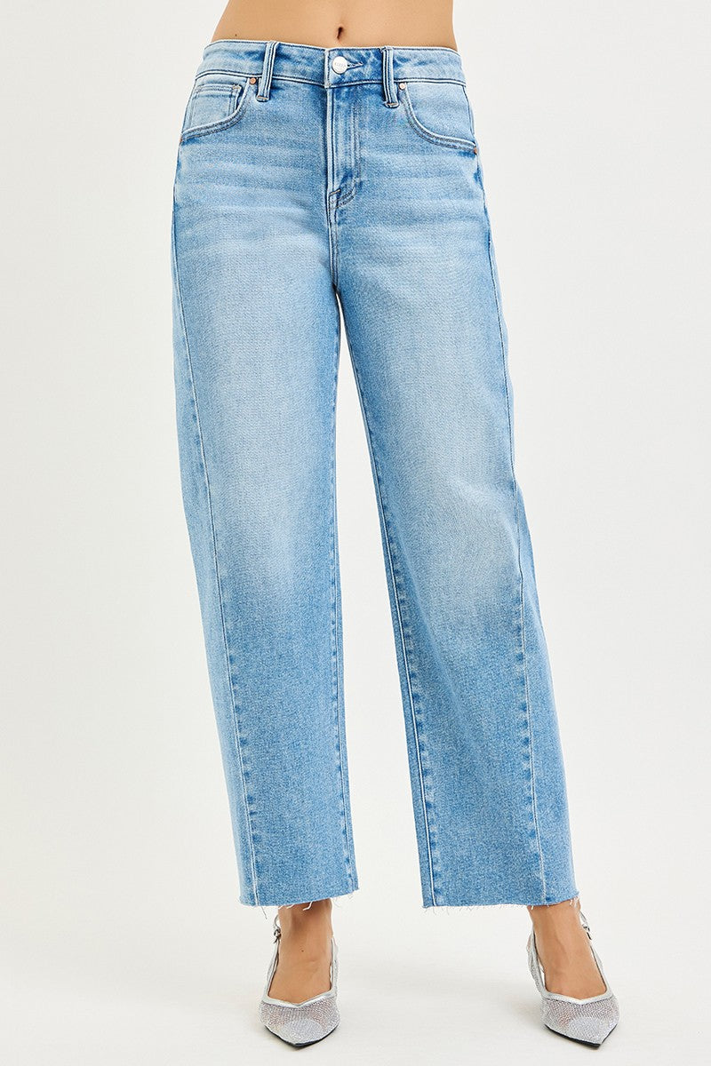Risen Boone high rise slouchy cropped barrel jeans in size 0-3XL, showcasing relaxed fit and distressed denim style.