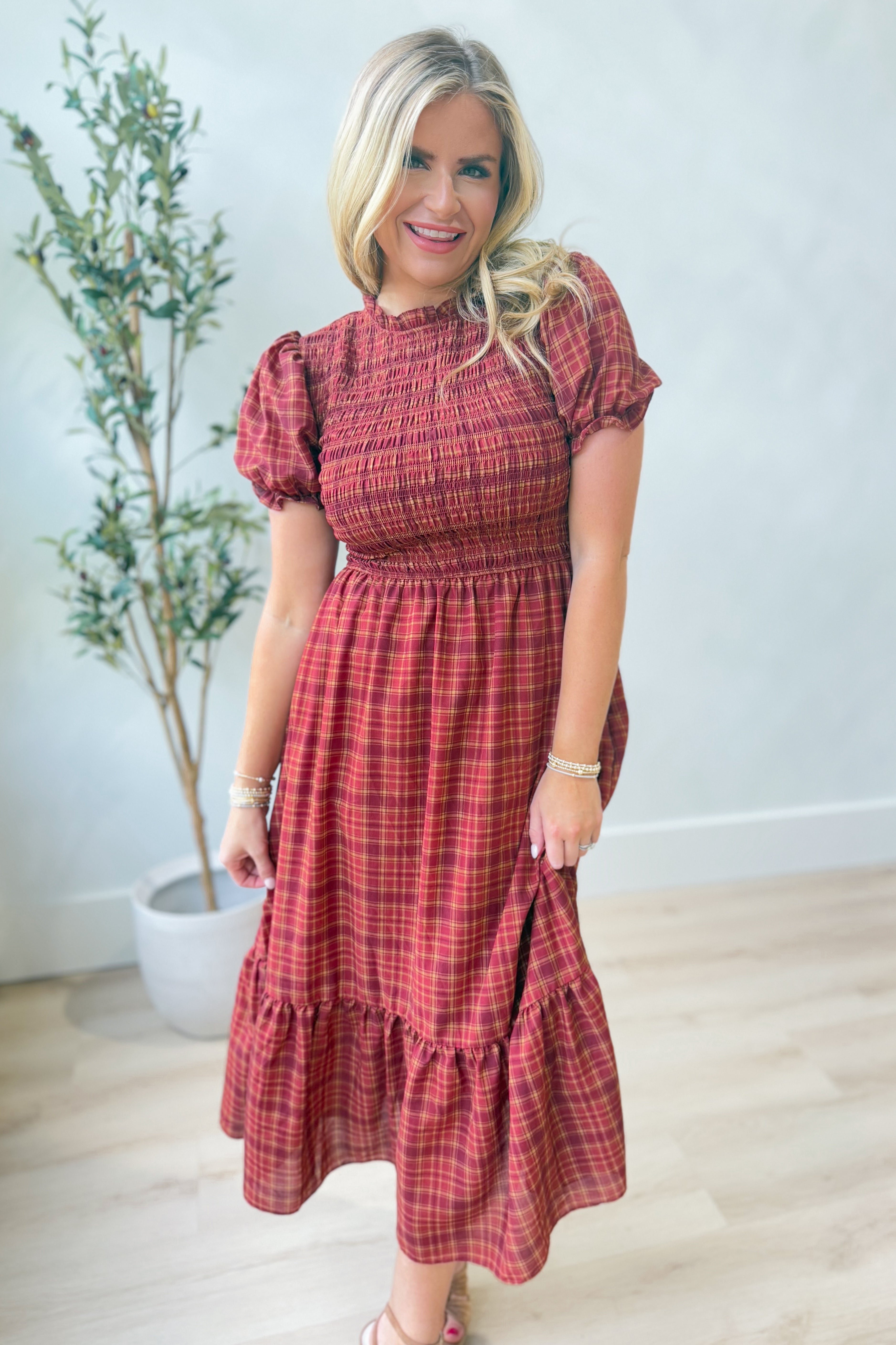 Mary Plaid Puff Sleeve Midi Dress - Be You Boutique