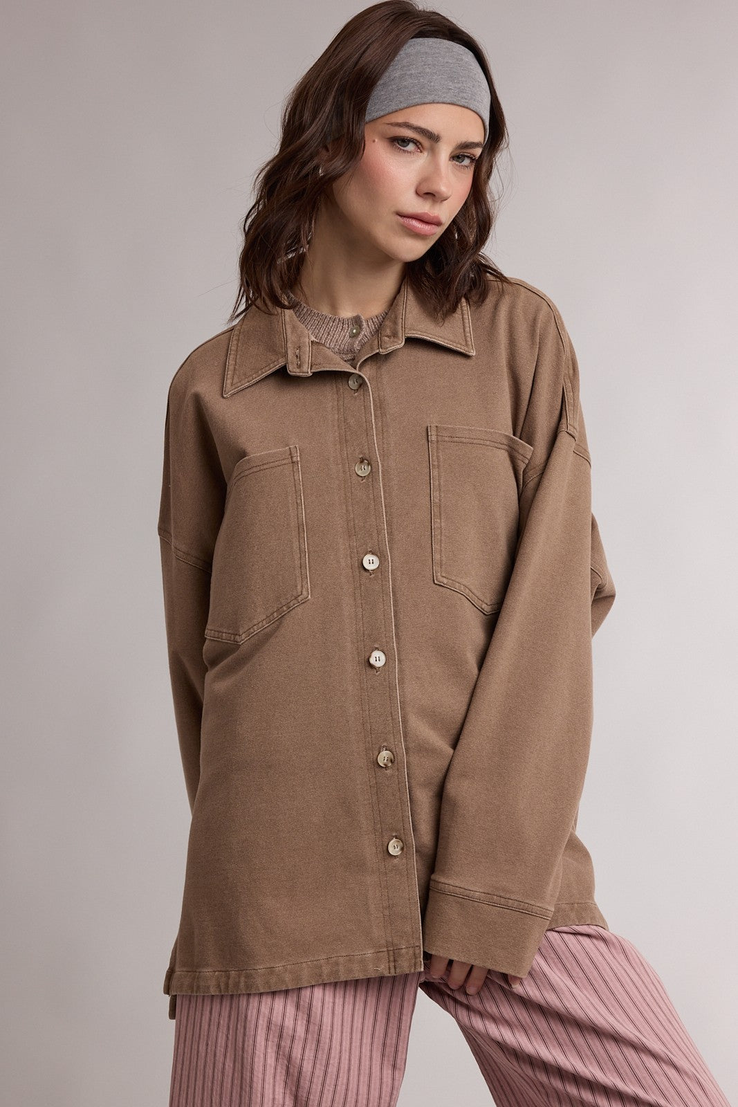 WISHLIST Samme Denim Button Up Shacket in blue, casual outerwear with front buttons and classic denim styling.
