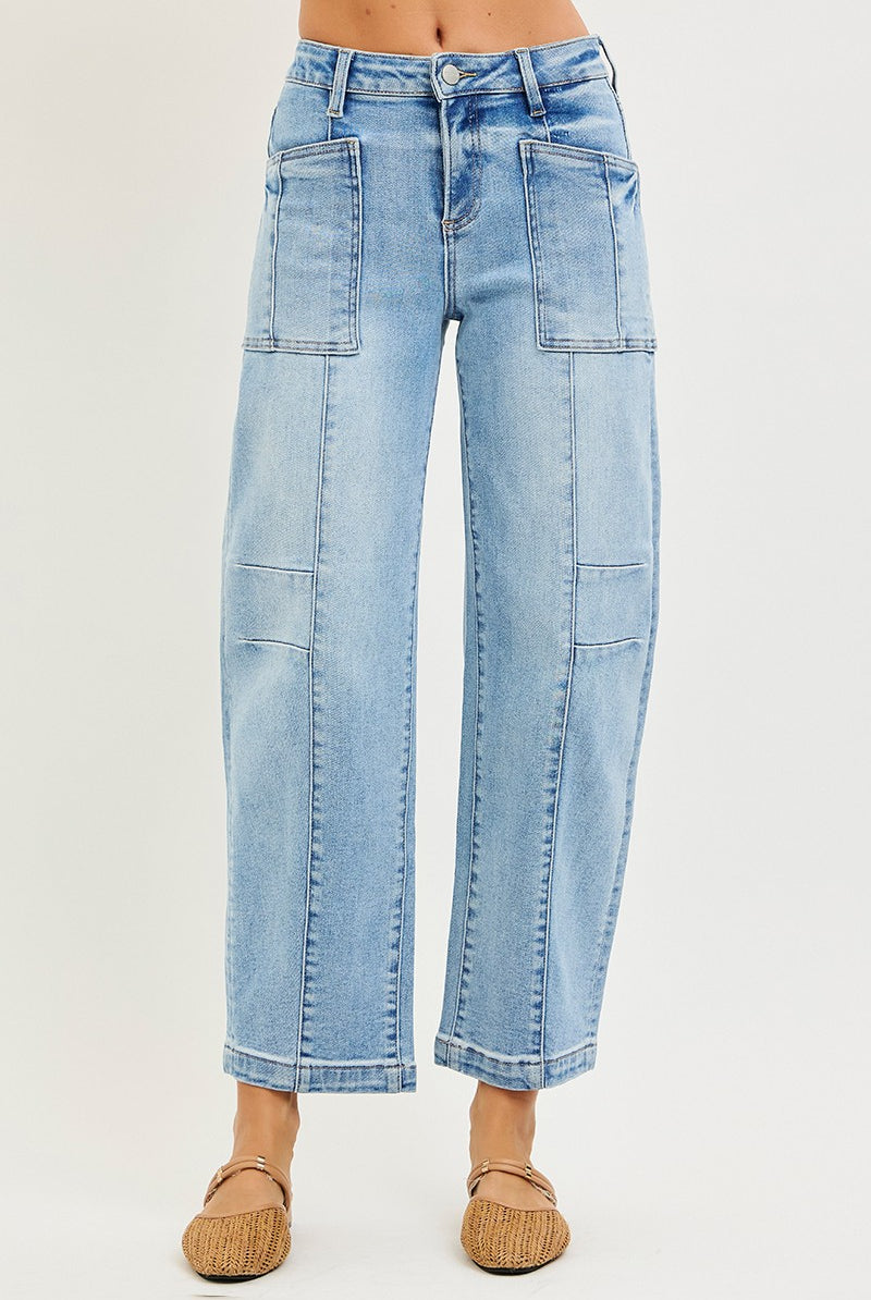 Risen Fredrick slouchy ankle boyfriend jeans in light wash denim, shown on a model, featuring relaxed fit and casual style.