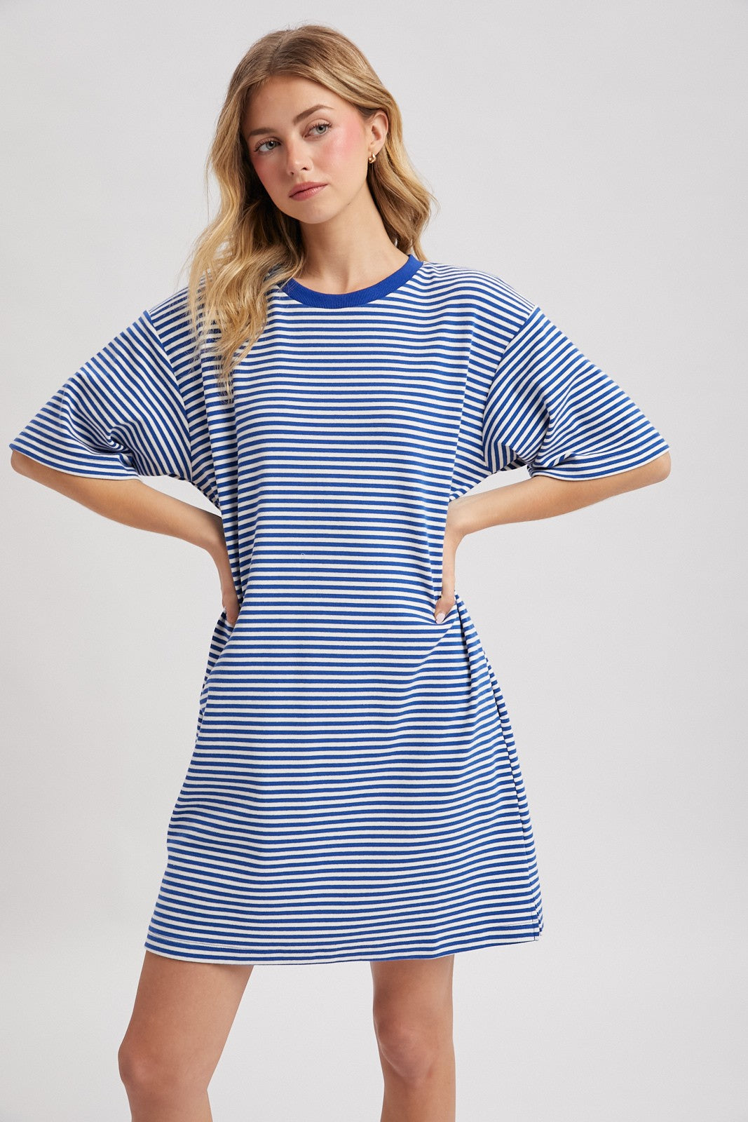 Candy blue striped knit T-shirt dress by WISHLIST, featuring a casual fit and short sleeves, perfect for relaxed everyday wear.