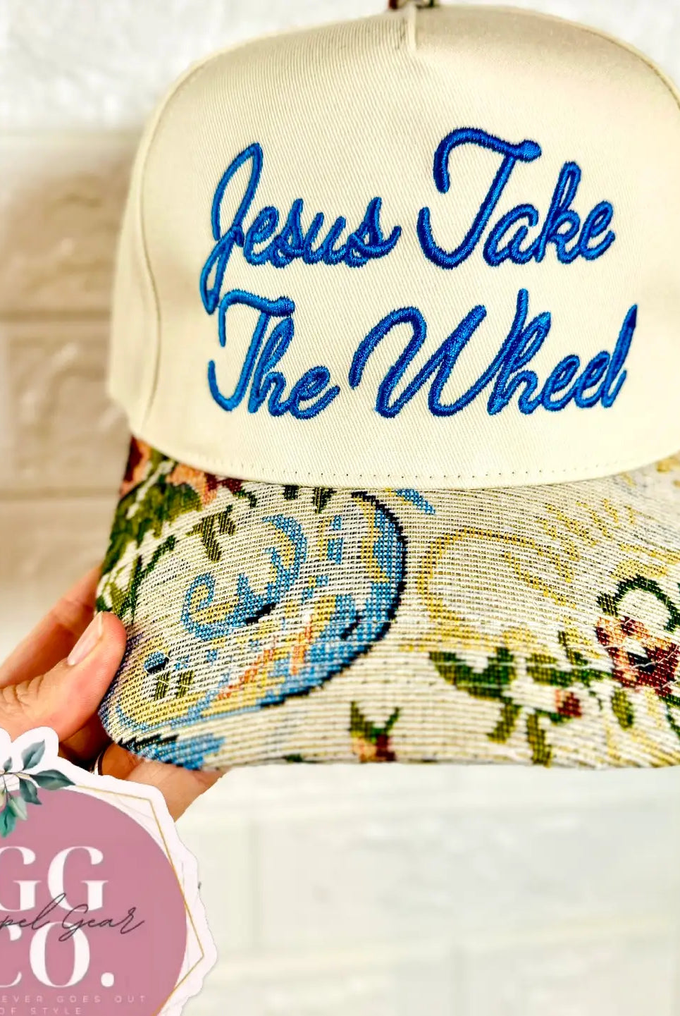 Embroidered Jesus Take The Wheel hat by Gospel Gear Co, 217 hair accessories collection, featuring a stylish cap with religious design.