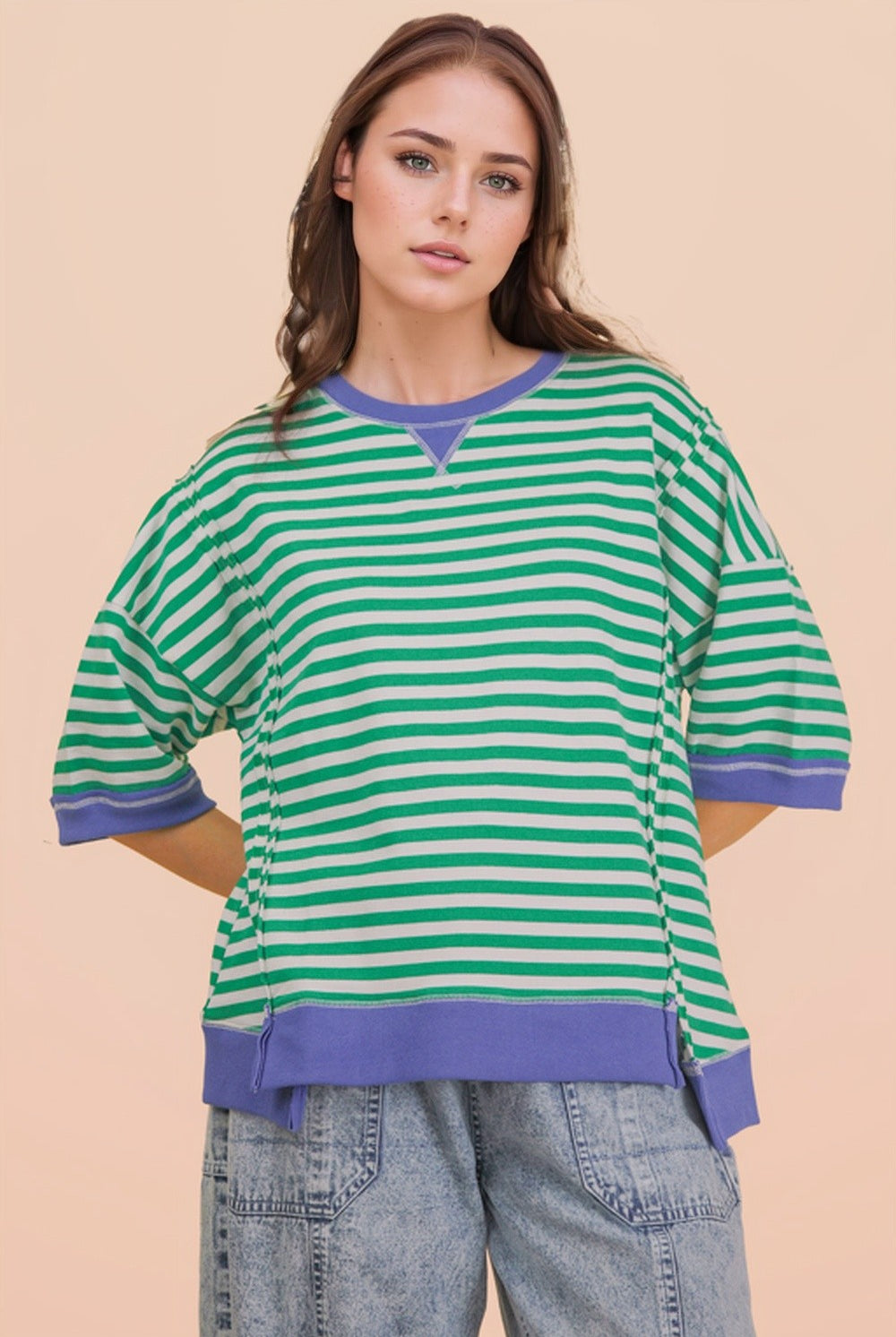 Oscar Kelly green striped oversized casual top from VERY J, featuring bold green and white horizontal stripes and a relaxed fit.