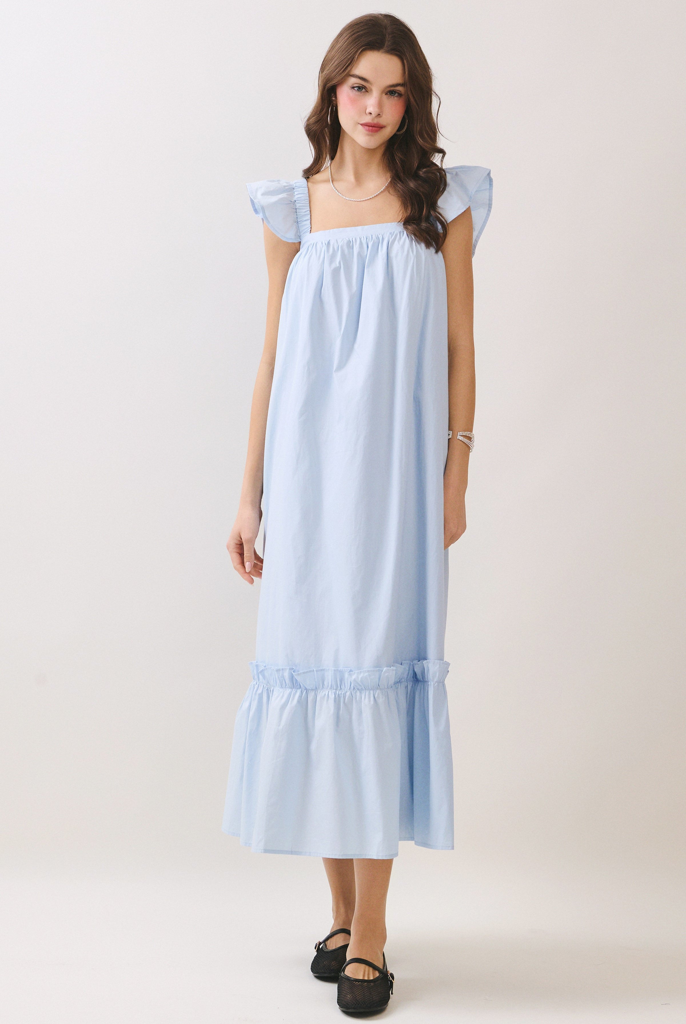 TCEC Folly Baby Blue Flutter Sleeve Midi Dress, casual style with flowing fabric and flutter sleeves, perfect for summer wear.