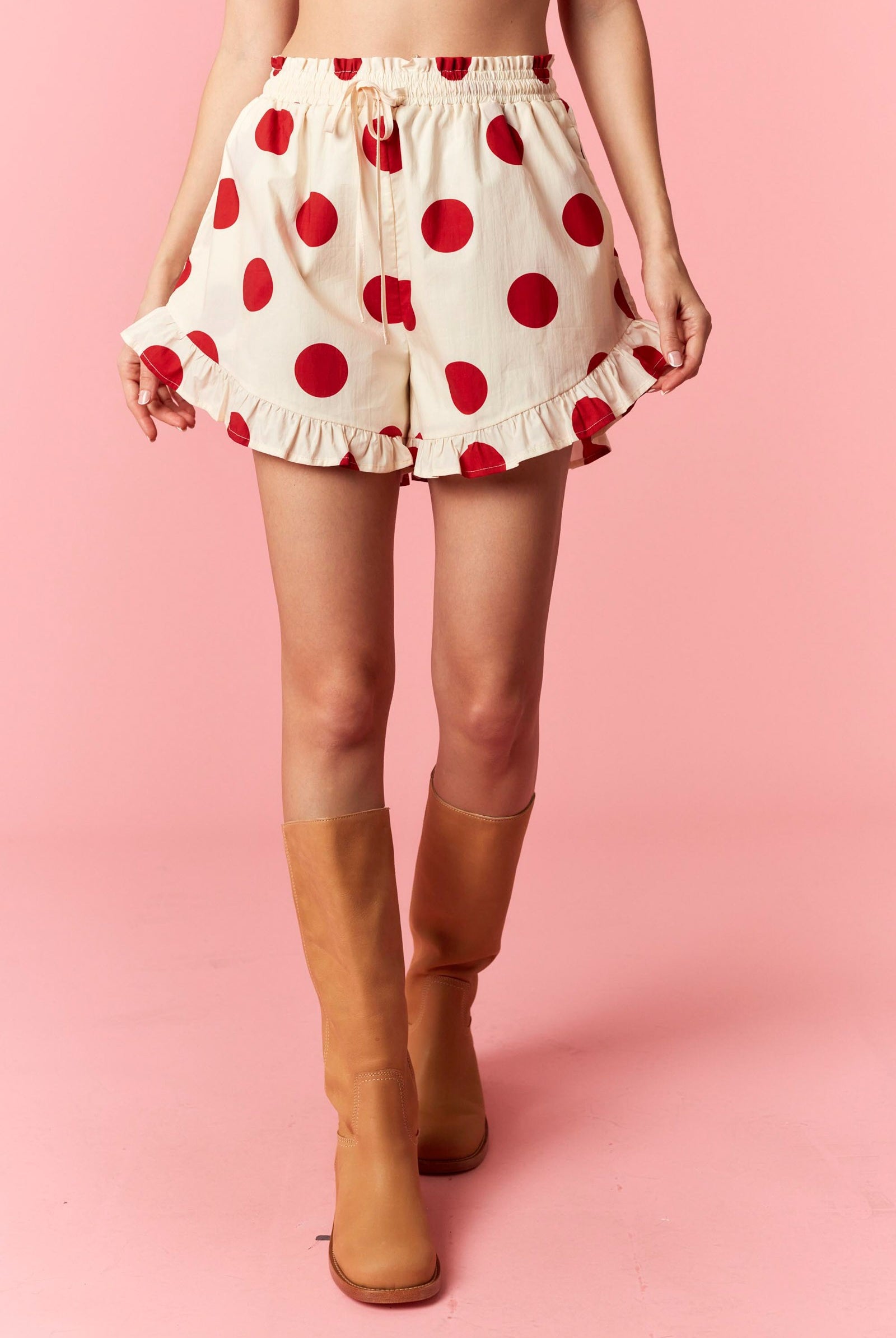 PEACH LOVE Lindsey Polka Dot Ruffle Trim Short, 152 Shorts with playful polka dot pattern and ruffle details, styled for casual wear.