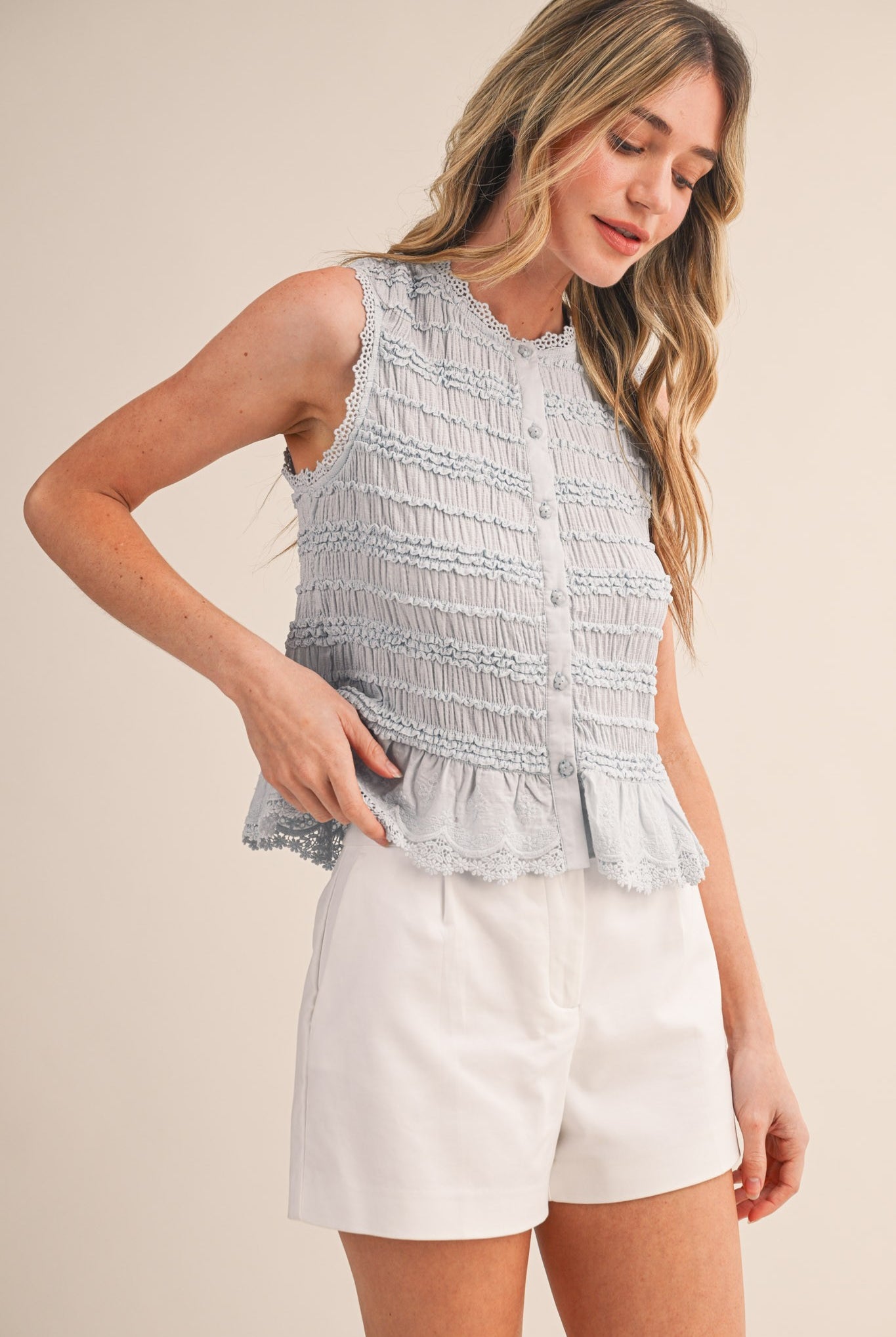 &MERCI Sophie shirred button-down top, a stylish dressy dress with gathered details and button closure, perfect for upscale occasions.